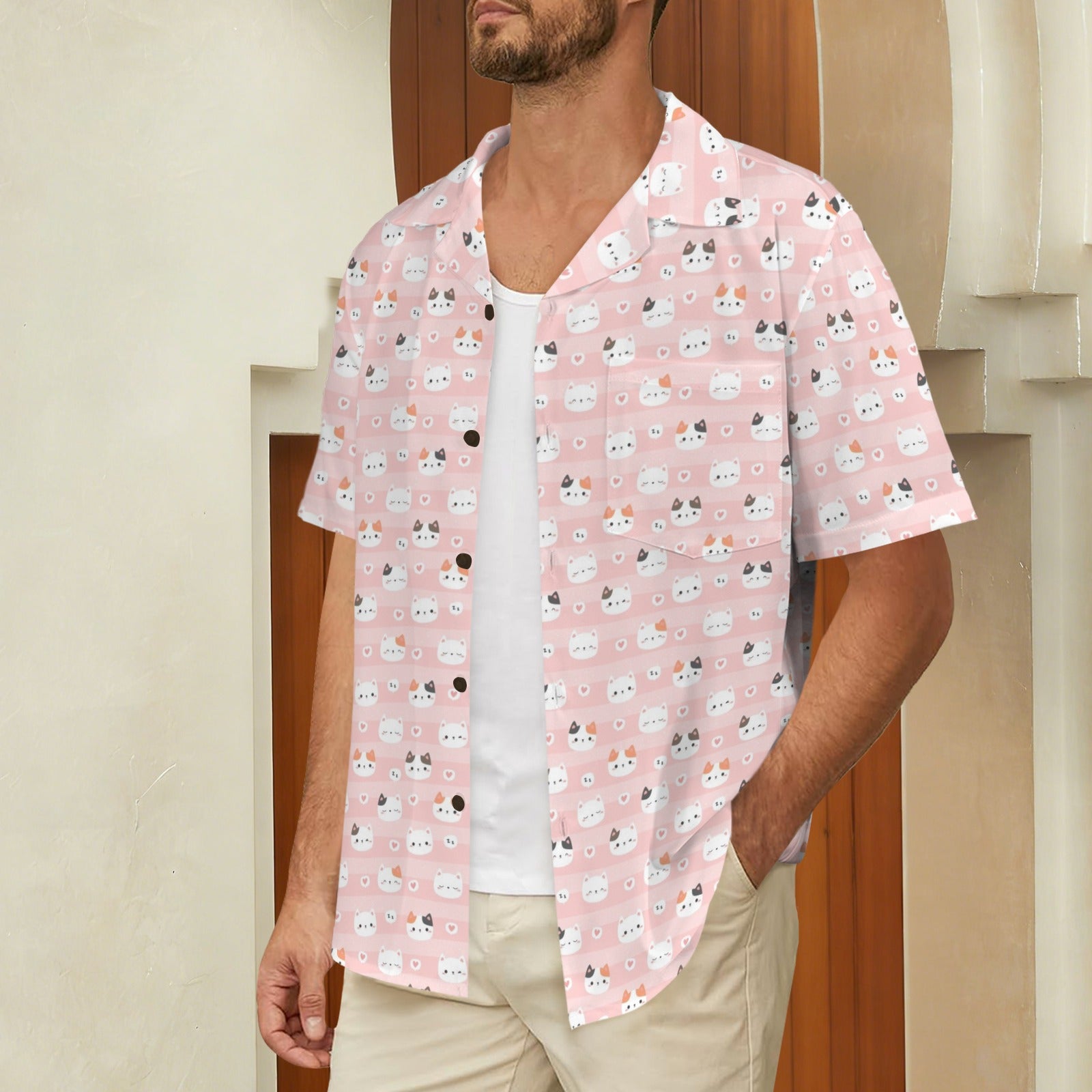 Pink Cats - Men's Short Sleeve Hawaiian Shirt Men's Hawaiian Shirt (New) animal Printed Offshore