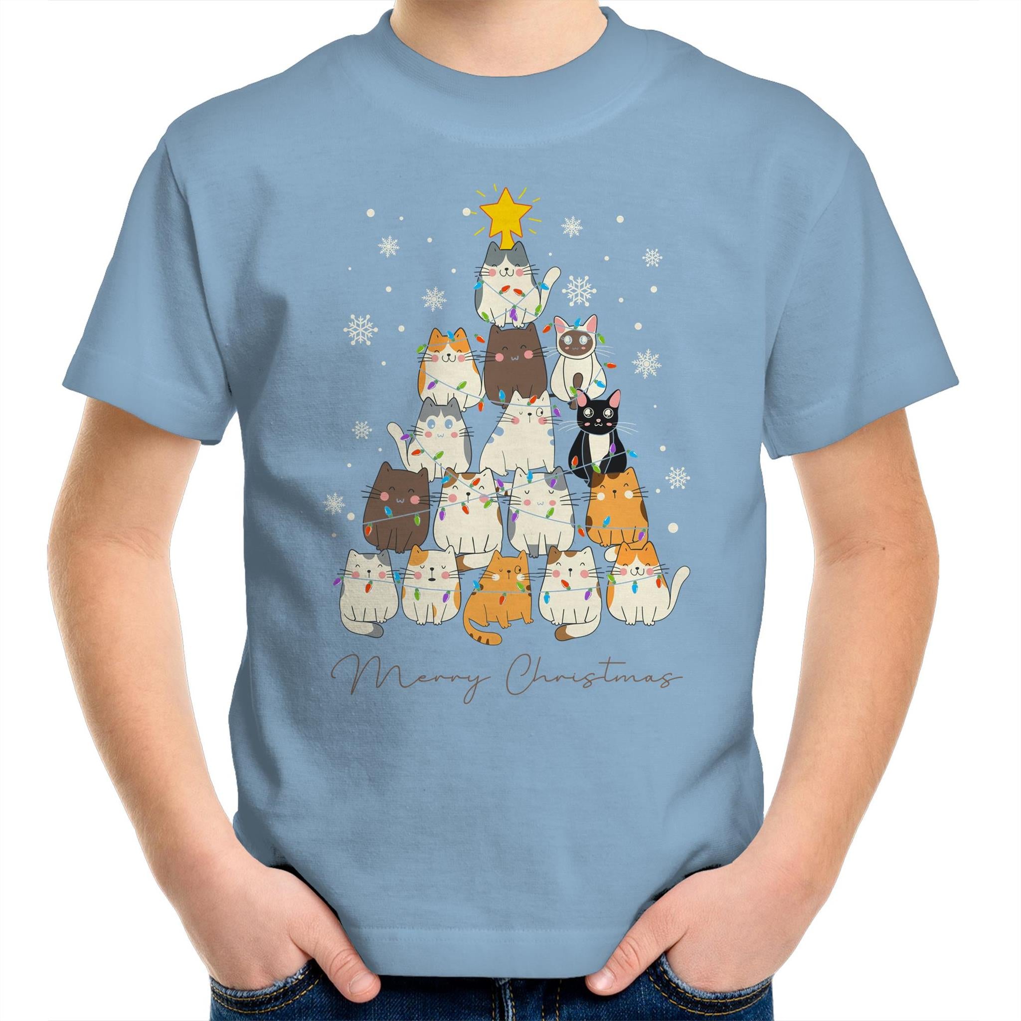 Cats Merry Christmas - Kids Youth T-Shirt Carolina Blue Kids Christmas T-shirt Christmas Printed In Australia