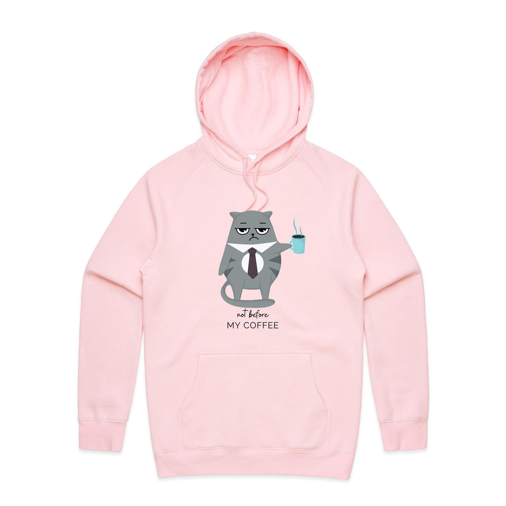 Cranky Cat, Not Before My Coffee - Mens Hoodie Pink Mens Hoodie animal Coffee Printed In Australia