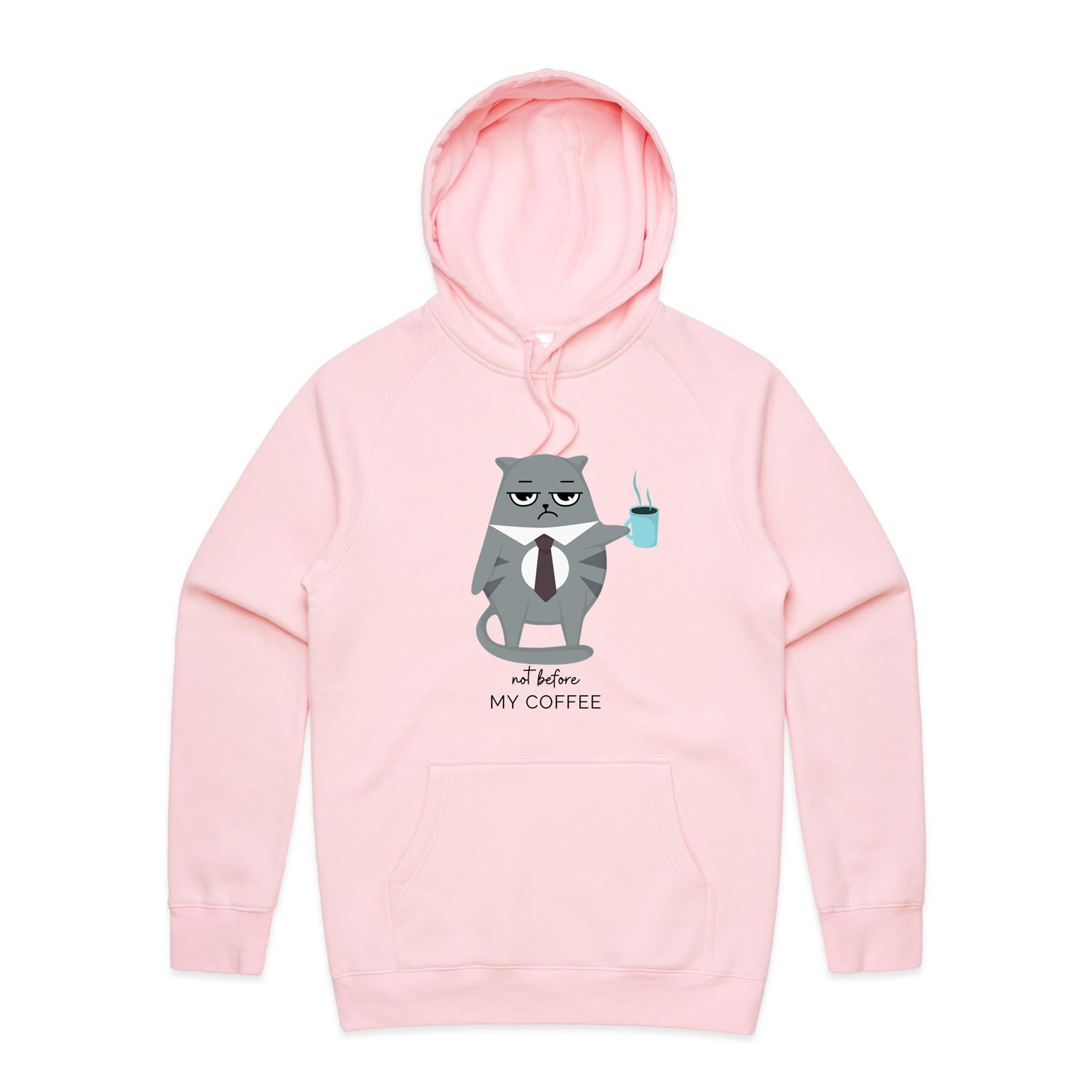 Cranky Cat, Not Before My Coffee - Mens Hoodie Pink Mens Hoodie animal Coffee Printed In Australia