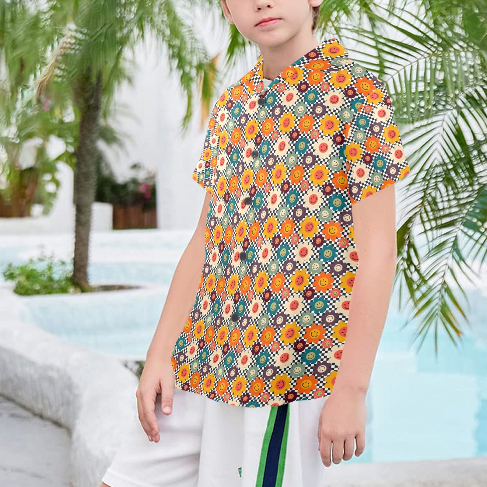 Happy Retro Flowers Senior Kids Hawaiian Shirt Senior Kids Hawaiian Shirt 8-15 Printed Offshore Retro