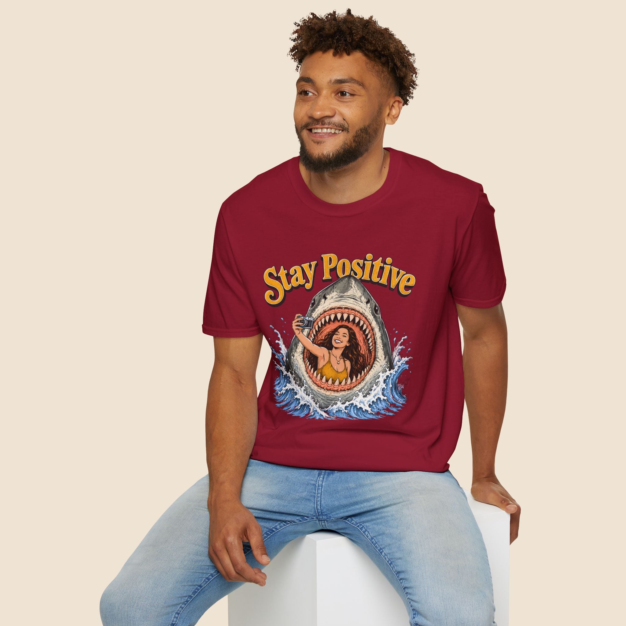 Stay Positive Shark Selfie Unisex T-Shirt Unisex Adult T-shirt Globally Fulfilled Ocean Retro