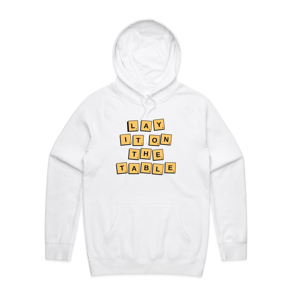 Lay It On The Table - Mens Hoodie White Mens Hoodie Games Printed In Australia