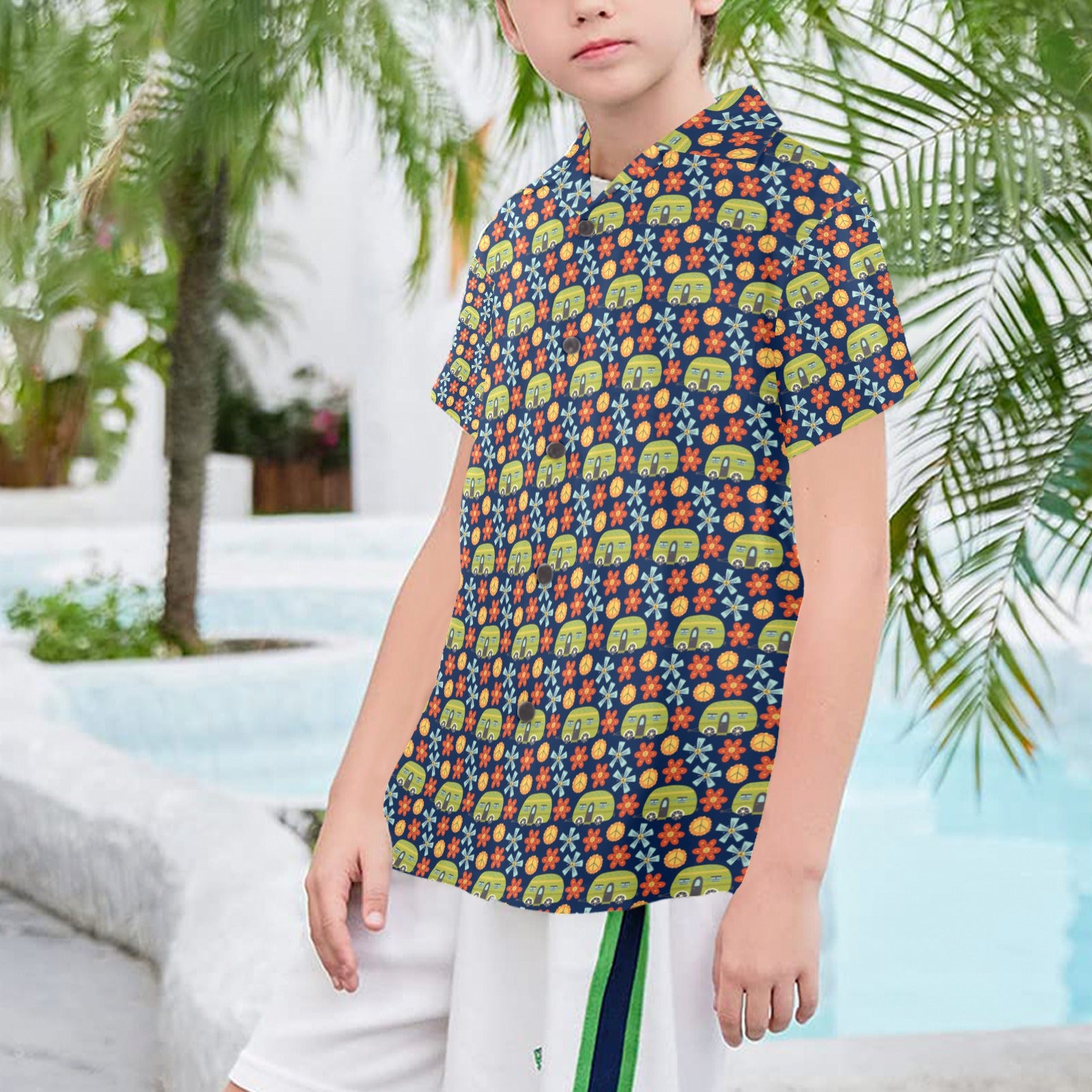 Hippy Caravan Senior Kids Hawaiian Shirt Senior Kids Hawaiian Shirt 8-15 Printed Offshore Retro