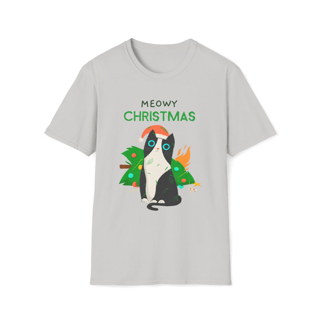 Meowy Christmas, Cat With Burning Christmas Tree - Unisex Softstyle T-Shirt