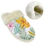 Tropical Flowers And Leaves Women's Fur Trim Thick-Sole Indoor Slippers Women's Fur Trimmed Slippers Plants Printed Offshore