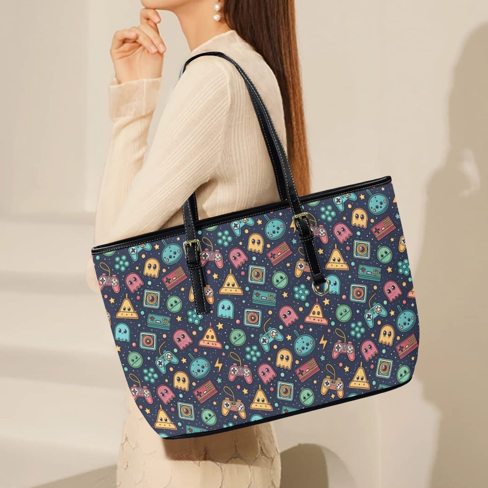 Video Game PU Leather Tote Bag Large Leather Tote Bag-Large Games Printed Offshore Retro