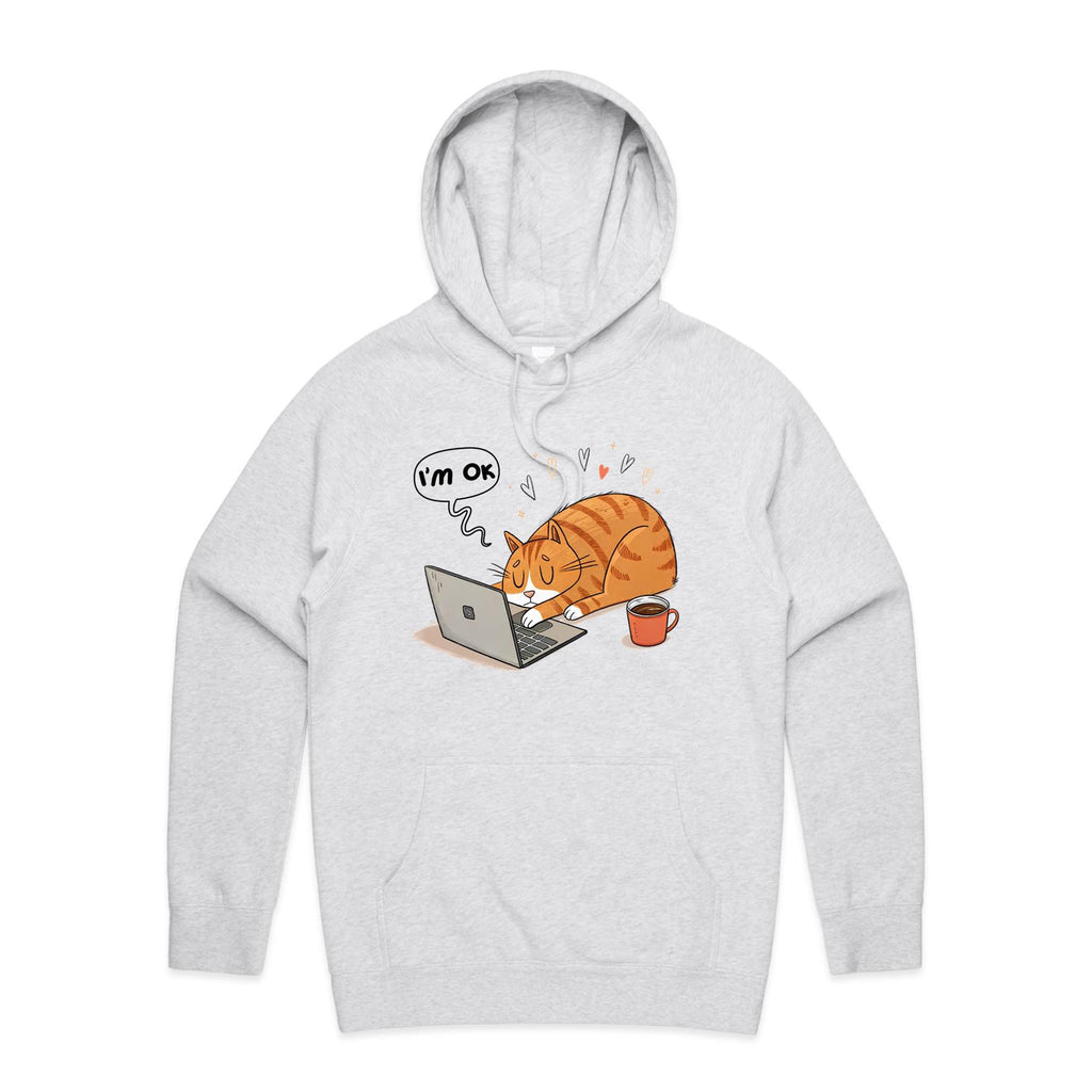 Cat Laptop, I'm OK - Mens Hoodie White Marle Mens Hoodie animal Printed In Australia Tech