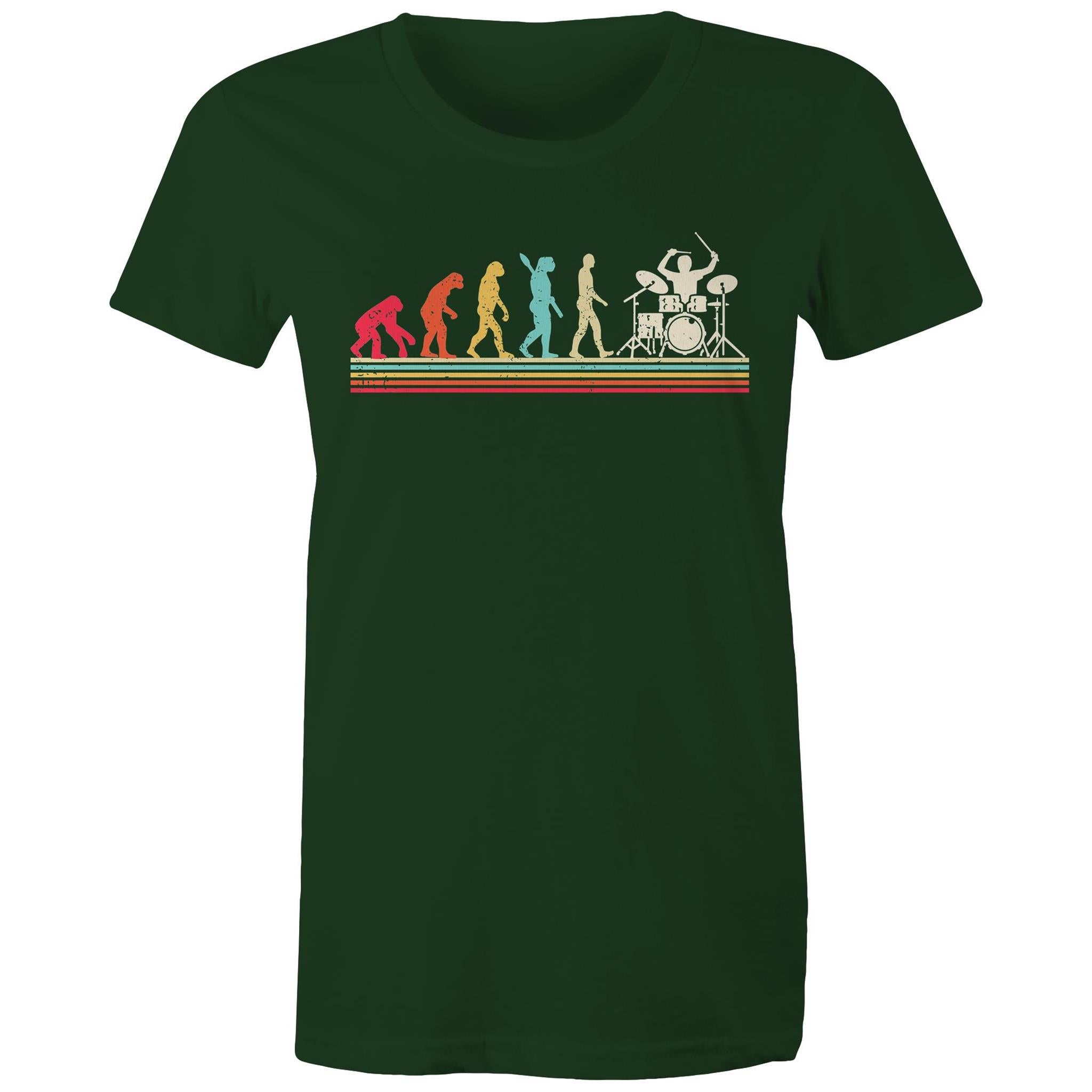 Drummer Evolution - Womens T-shirt Forest Green Womens T-shirt Music Printed In Australia