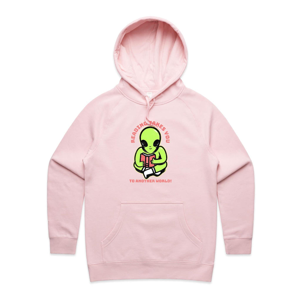 Reading Takes You To Another World, Alien - Womens Hoodie Pink Womens Hoodie Printed In Australia Reading Sci Fi
