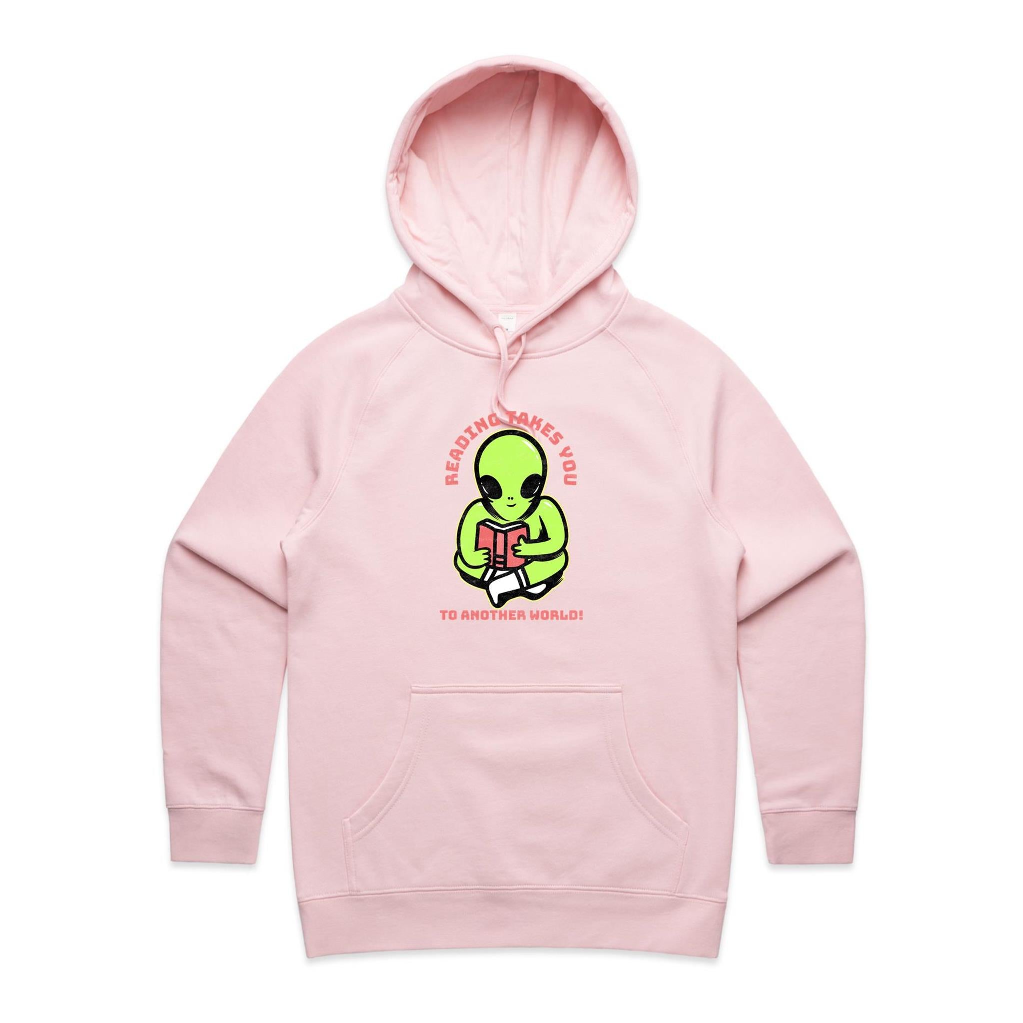 Reading Takes You To Another World, Alien - Womens Hoodie Pink Womens Hoodie Printed In Australia Reading Sci Fi