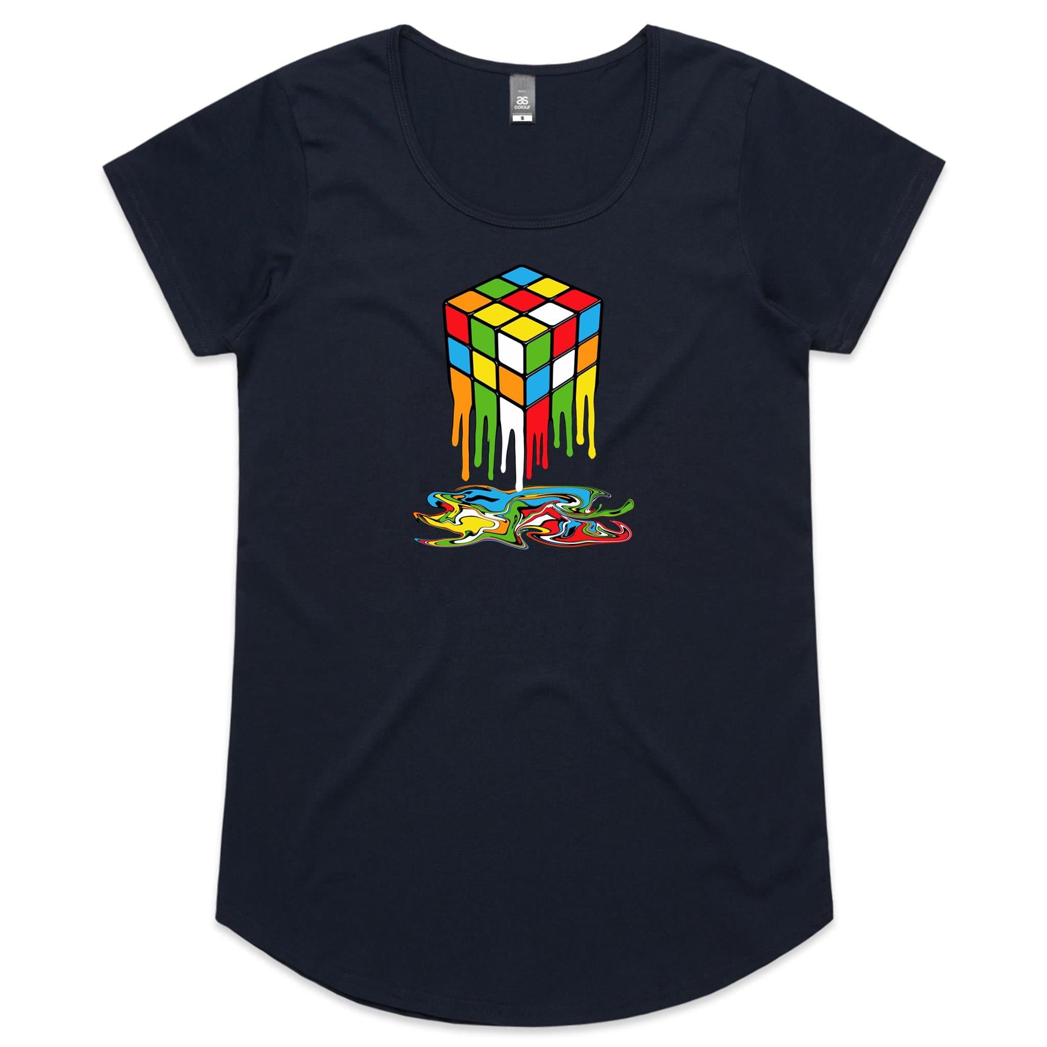 Melting Game Cube - Womens Scoop Neck T-Shirt Navy Womens Scoop Neck T-shirt Games Printed In Australia