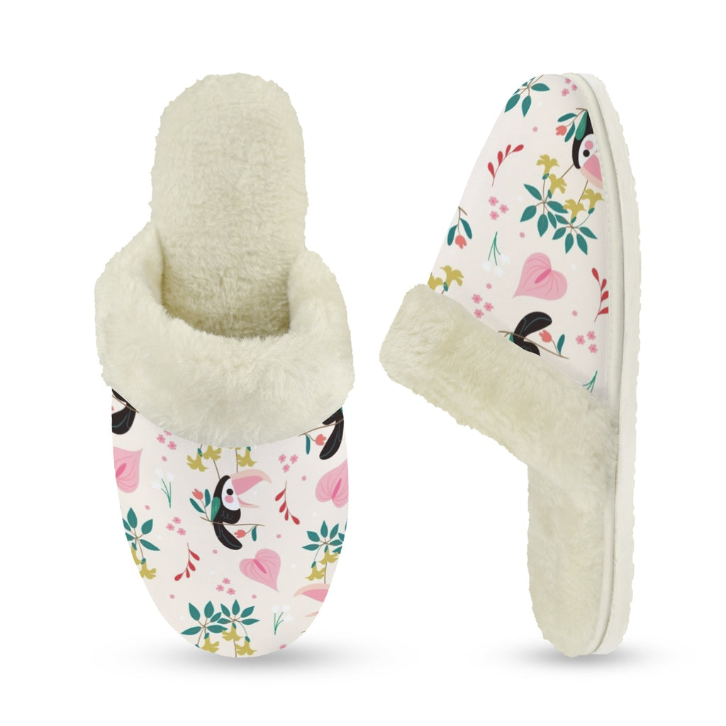 Toucans In Pink Women's Fur Trim Thick-Sole Indoor Slippers Women's Fur Trimmed Slippers animal Printed Offshore
