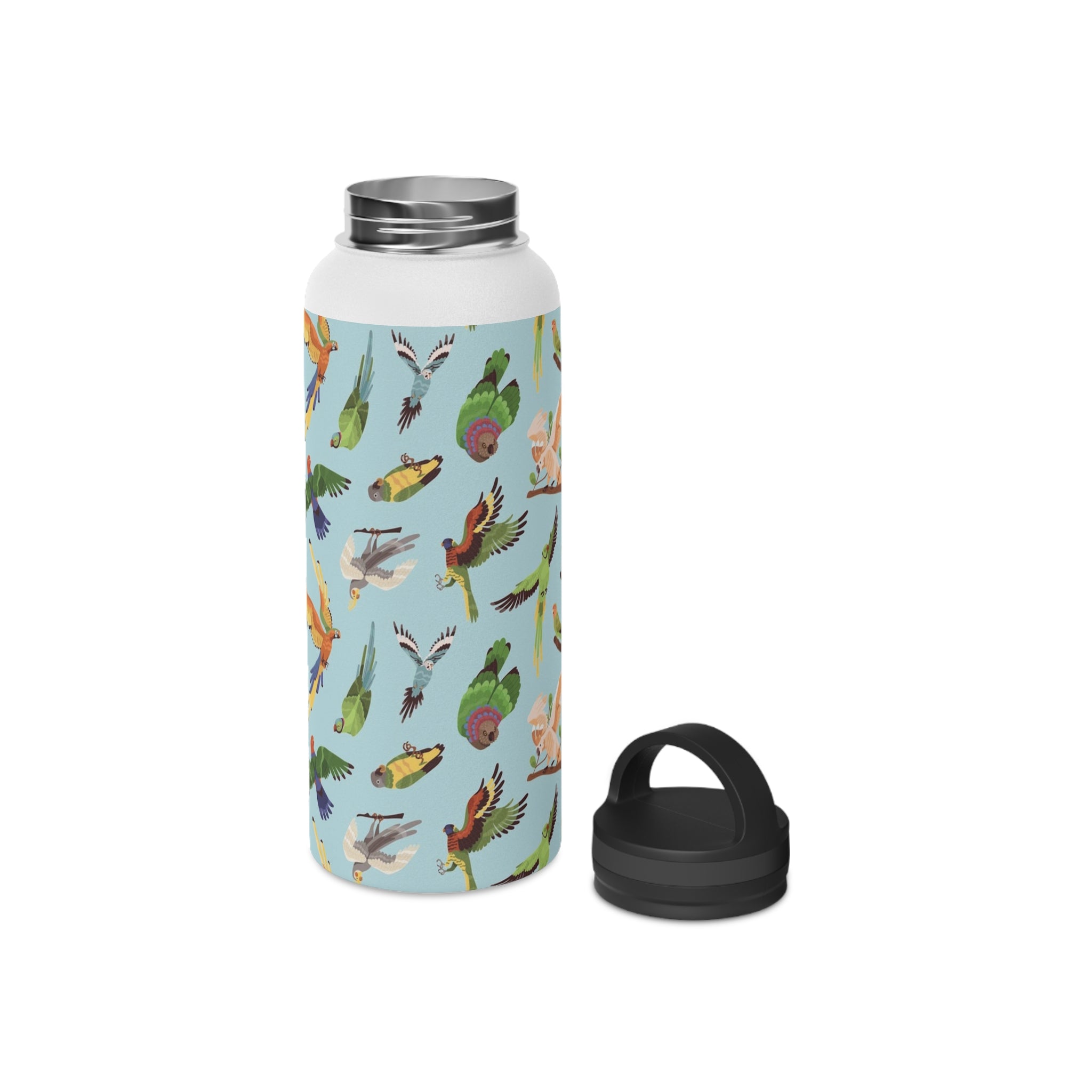 Parrots, Beautiful Colourful Birds Stainless Steel Water Bottle, Handle Lid Stainless Steel Water Bottle With Handle Lid Birds Globally Fulfilled