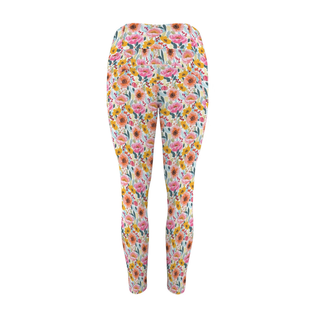 Bright And Colourful Flowers Women's High Waist Pockets Yoga Leggings