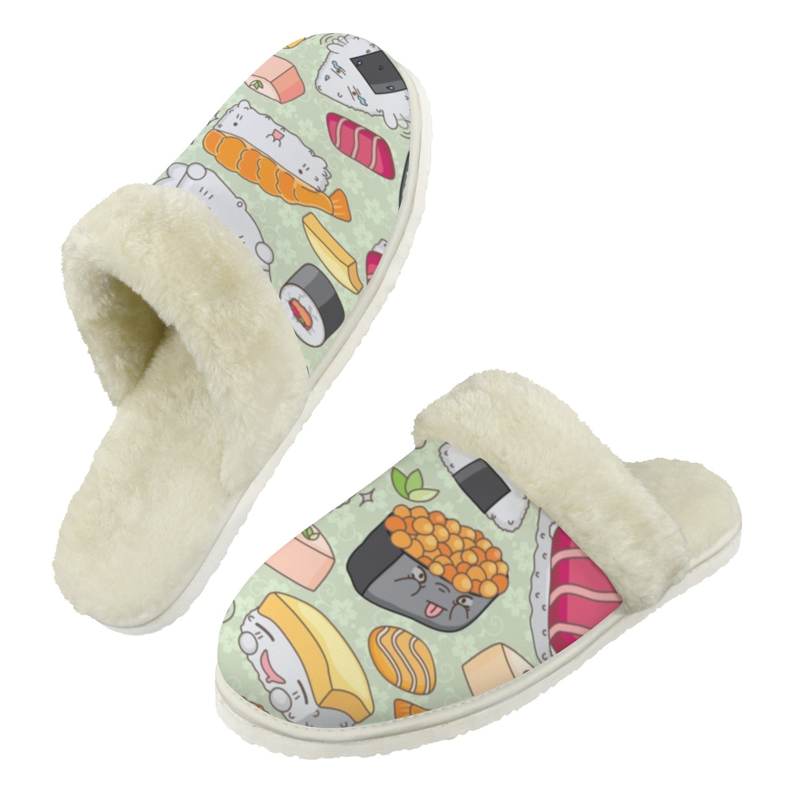 Funny Sushi Men's Fur Trim Thick-Sole Indoor Slippers 2XL Men's Fur Trimmed Slippers Food Printed Offshore