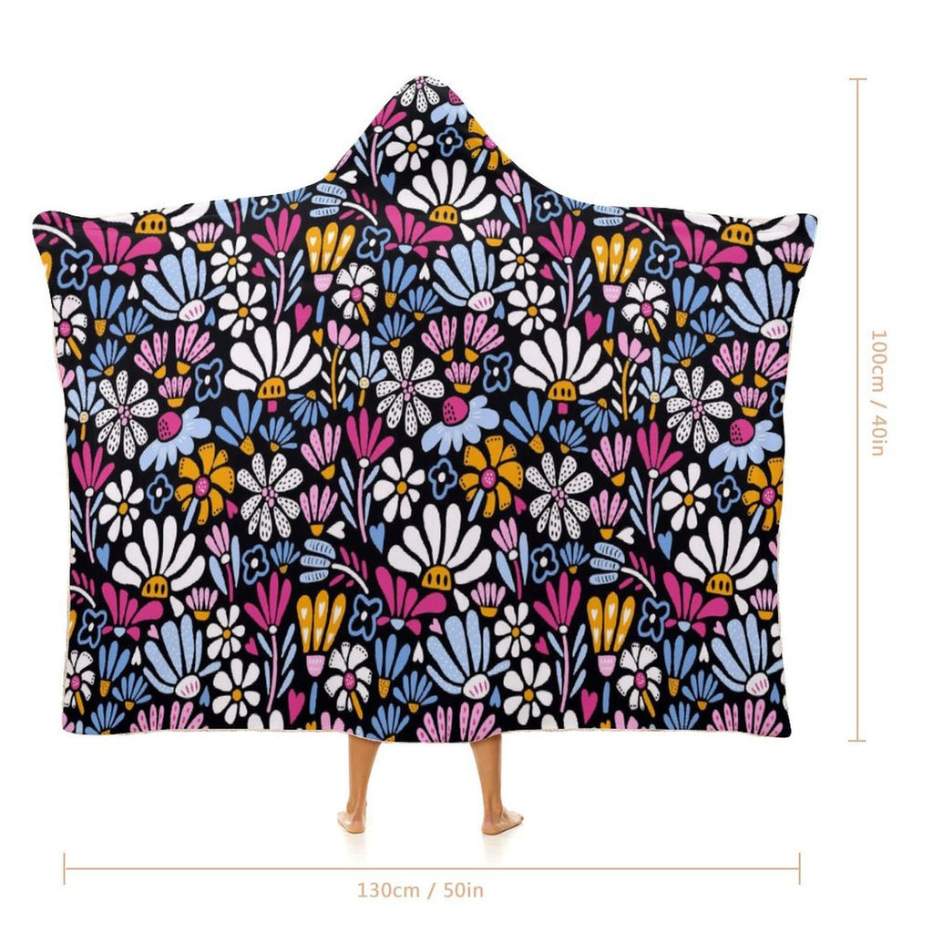 Graphic Flowers On Black Kids Hooded Blanket 100cm x 130cm Kids Hooded Blanket Plants Printed Offshore