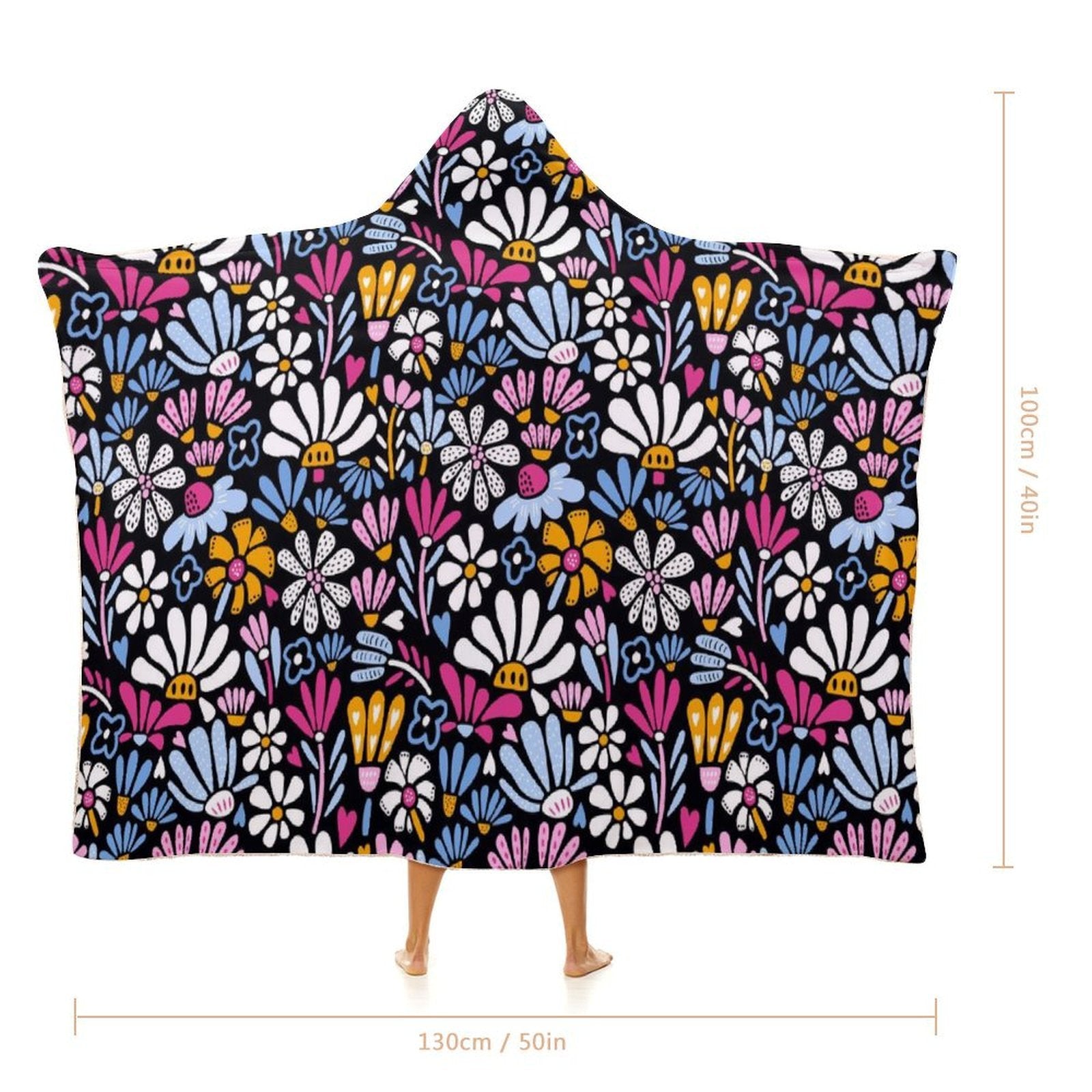 Graphic Flowers On Black Kids Hooded Blanket 100cm x 130cm Kids Hooded Blanket Plants Printed Offshore