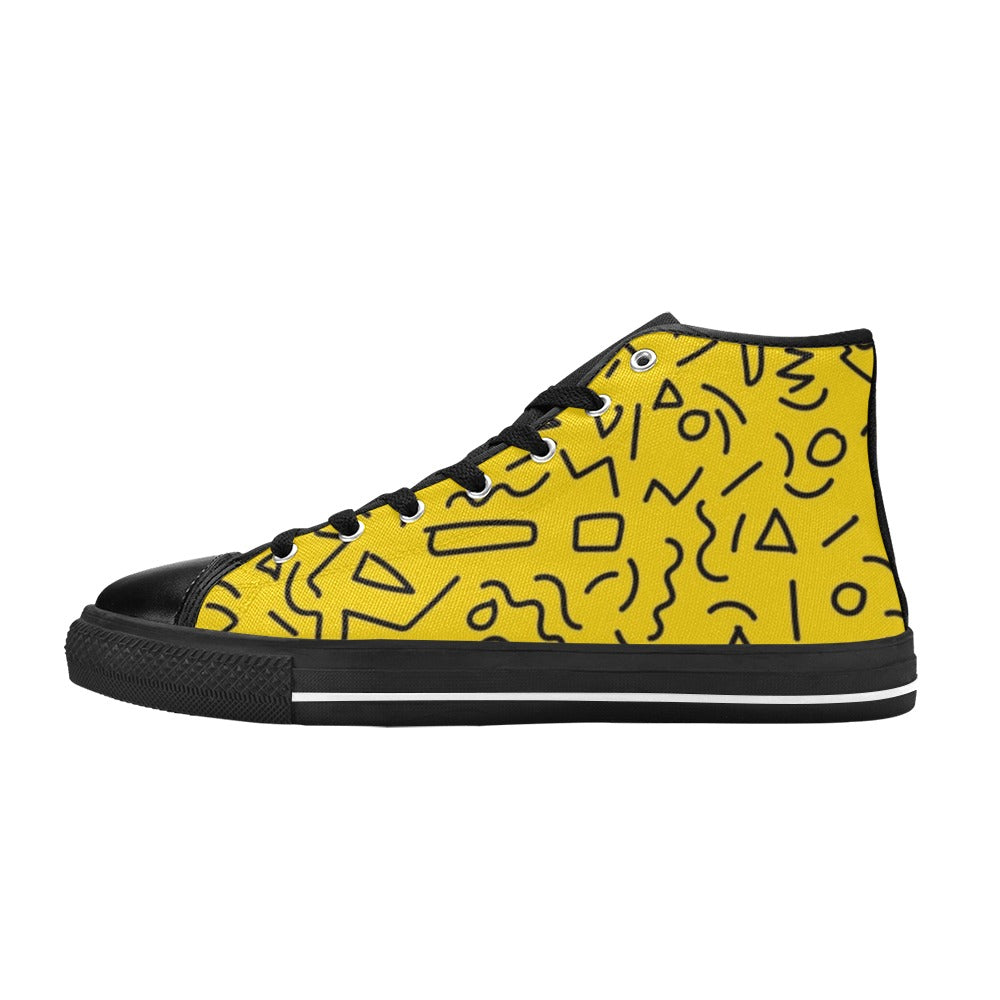Black Squiggle On Yellow - Men's High Top Canvas Shoes US14 Men's Classic High Top Canvas Shoes Printed Offshore Retro