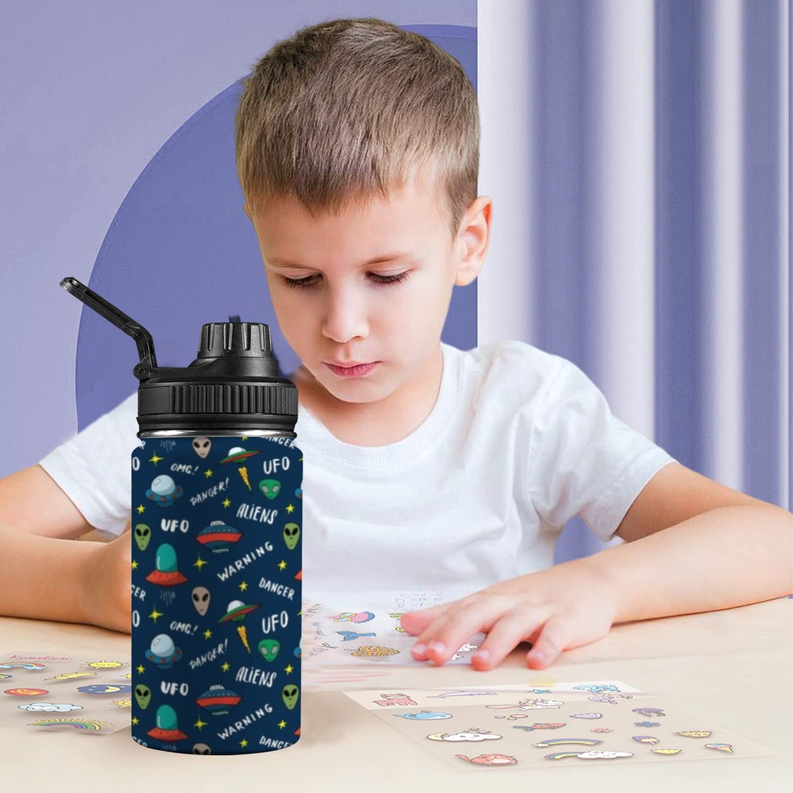 UFO's And Aliens Kids Water Bottle with Chug Lid (12 oz) Kids Water Bottle with Chug Lid Printed Offshore Sci Fi