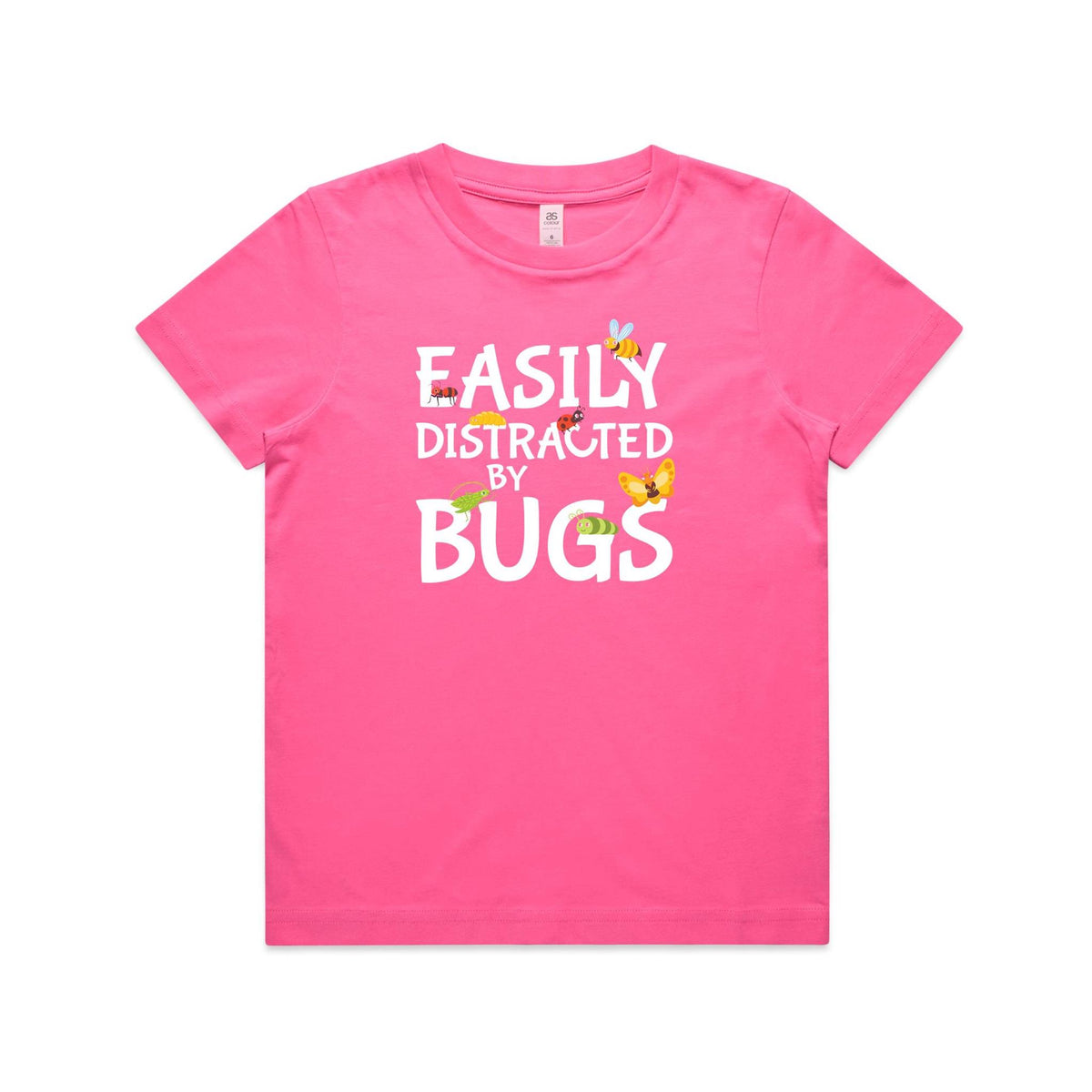 Easily Distracted By Bugs Kids AS Colour T-shirt Charity pink Kids Youth T-shirt Printed In Australia