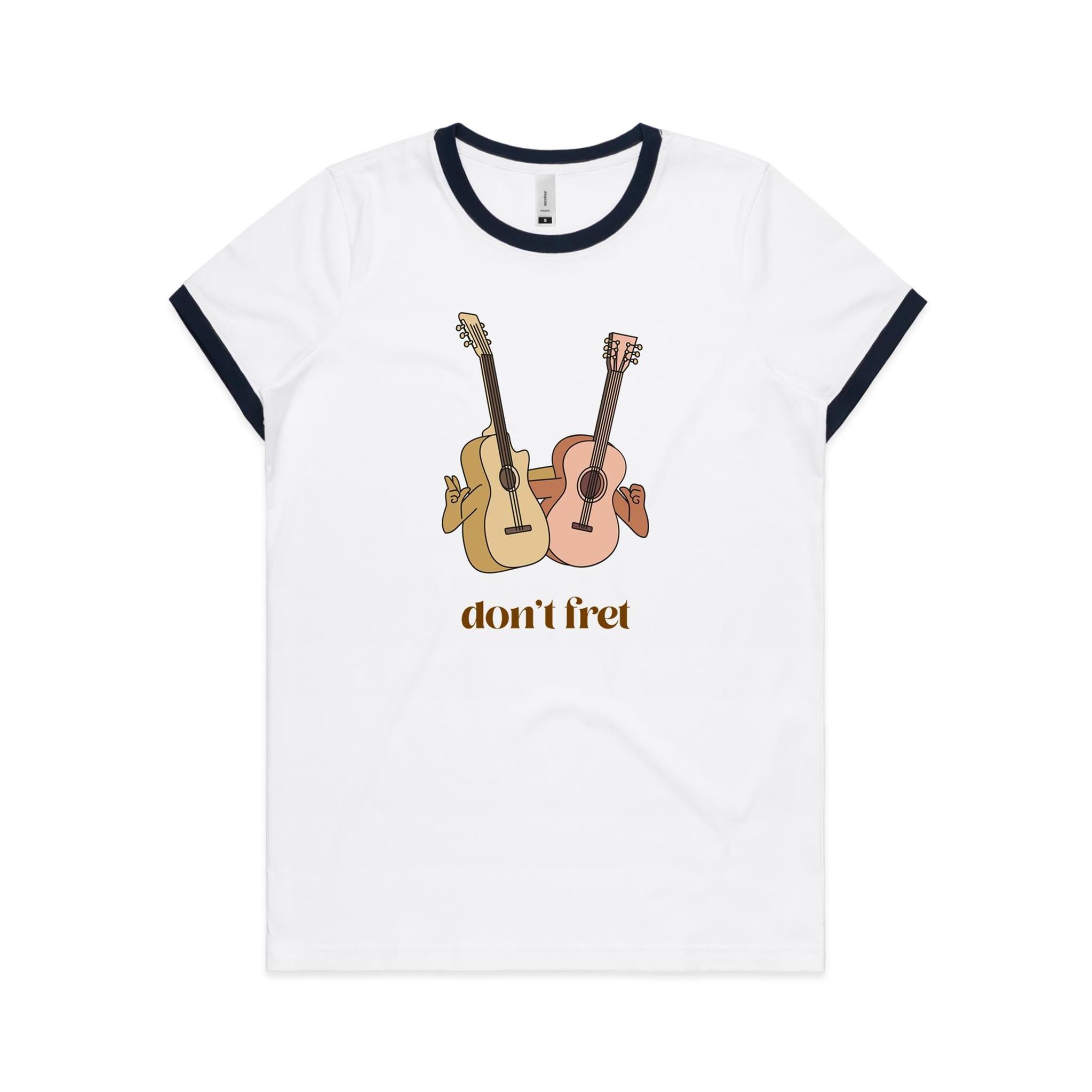 Guitars, Don't Fret - Women's Ringer Tee White Navy Womens Ringer T-shirt Music Printed In Australia