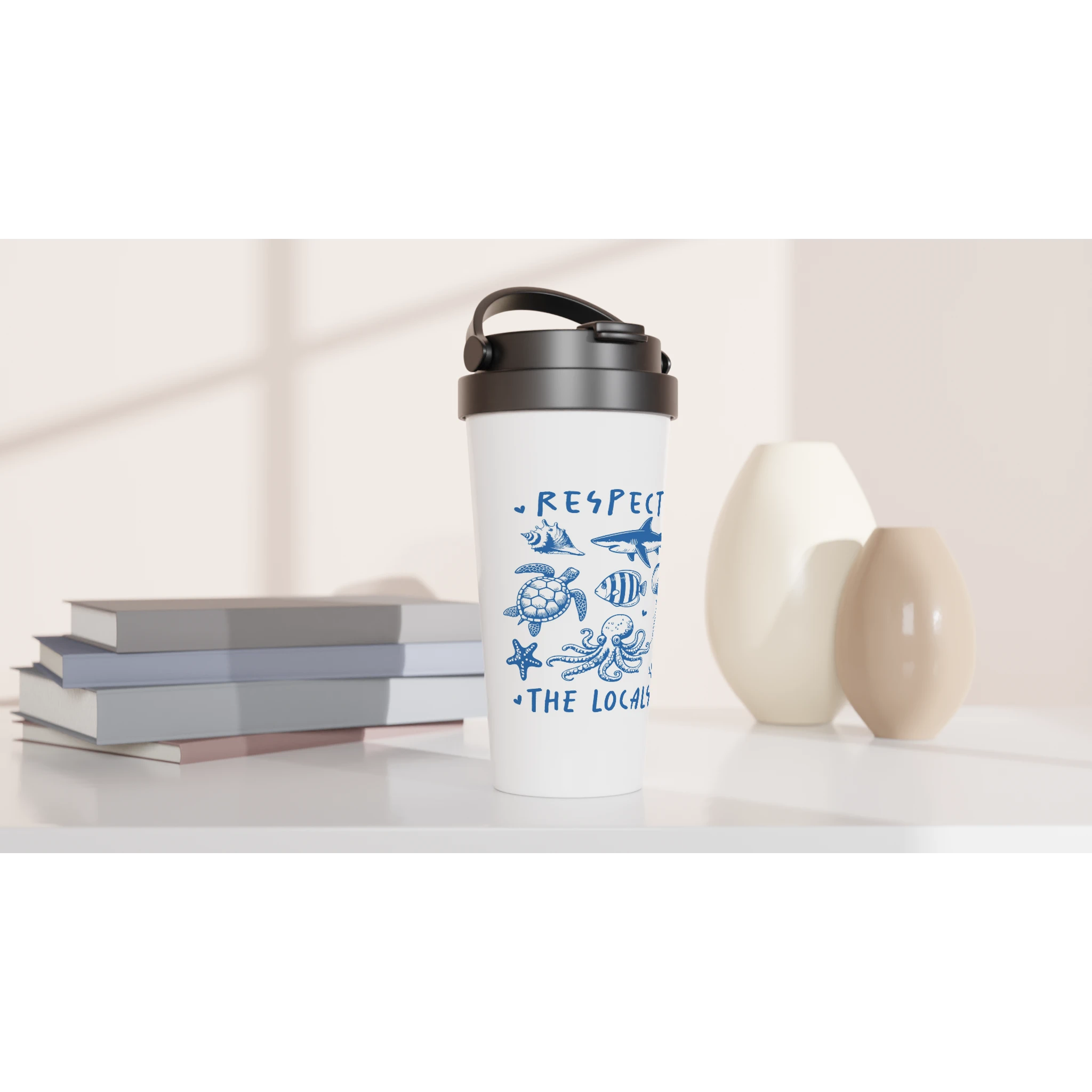 Respect The Locals, Sea Life - White 15oz Stainless Steel Travel Mug Travel Mug animal Globally Fulfilled Ocean