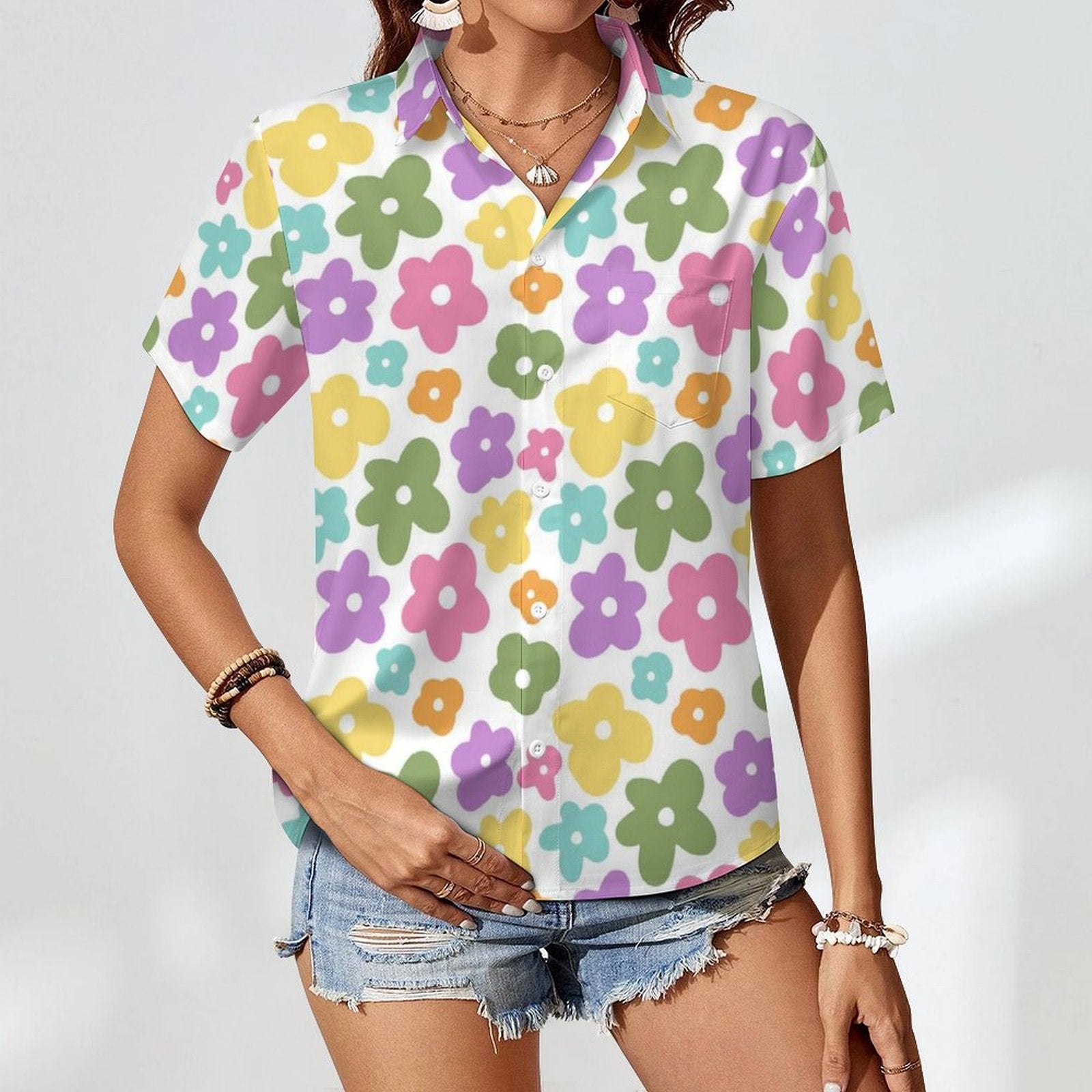 Pastel Flowers Women's Short-Sleeve Button Up Shirt