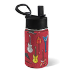 Guitars On Red 12oz Kids Water Bottle with Straw Lid