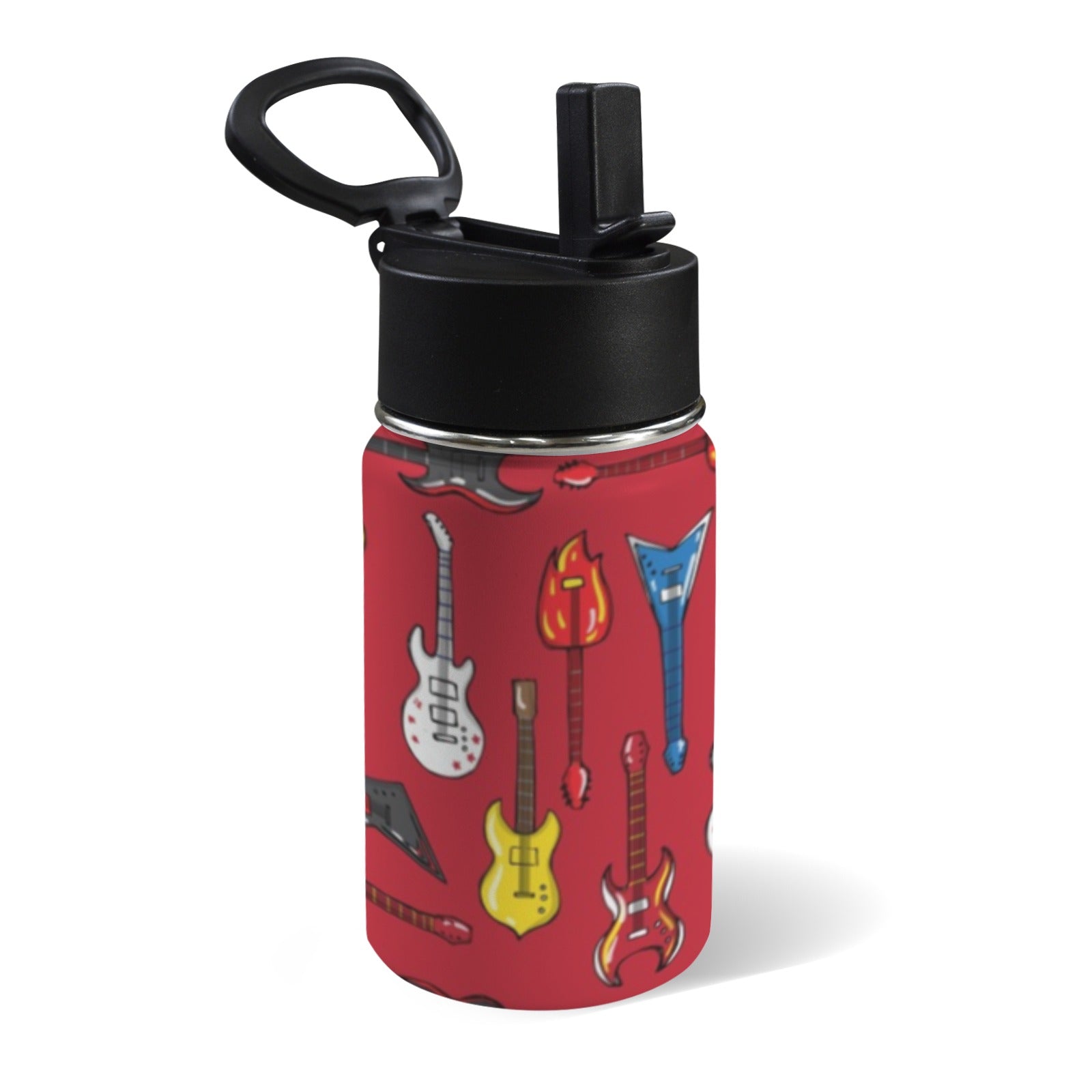 Guitars On Red 12oz Kids Water Bottle with Straw Lid