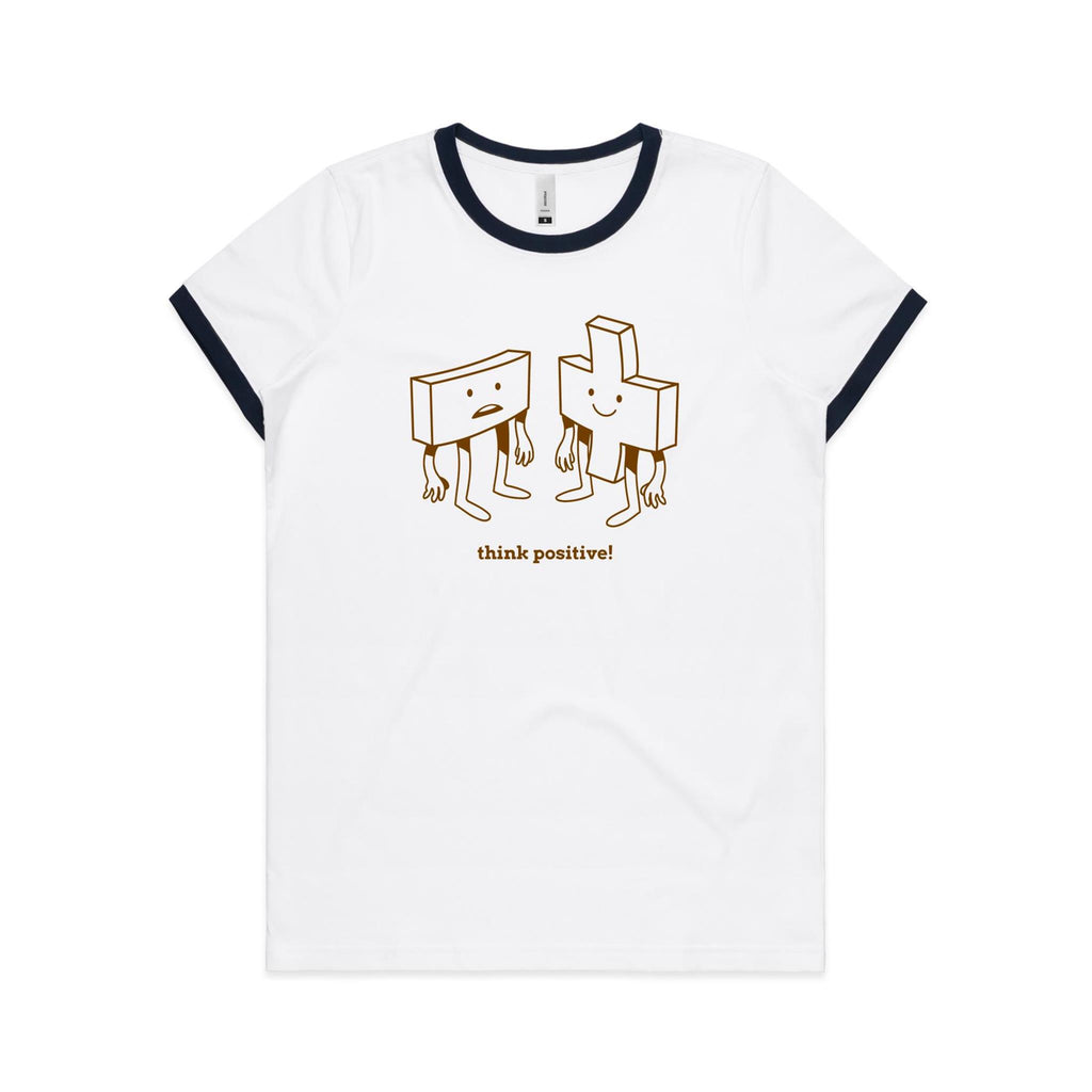 Think Positive, Maths - Women's Ringer Tee White Navy Womens Ringer T-shirt Maths Positivity Printed In Australia