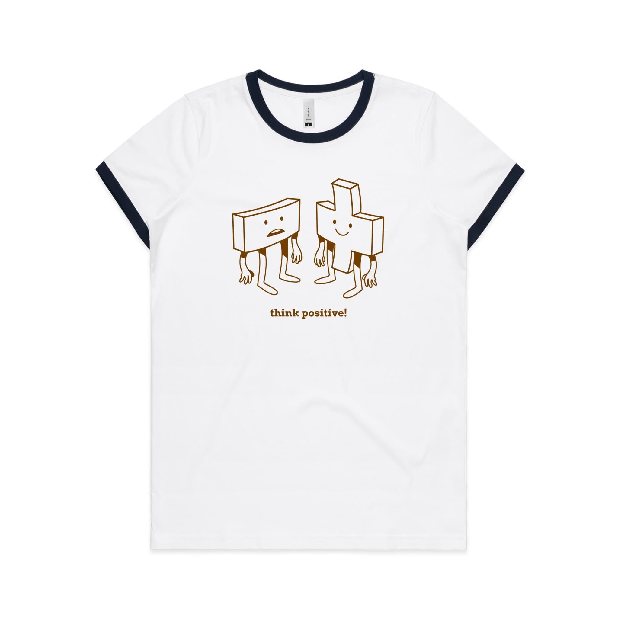 Think Positive, Maths - Women's Ringer Tee White Navy Womens Ringer T-shirt Maths Positivity Printed In Australia