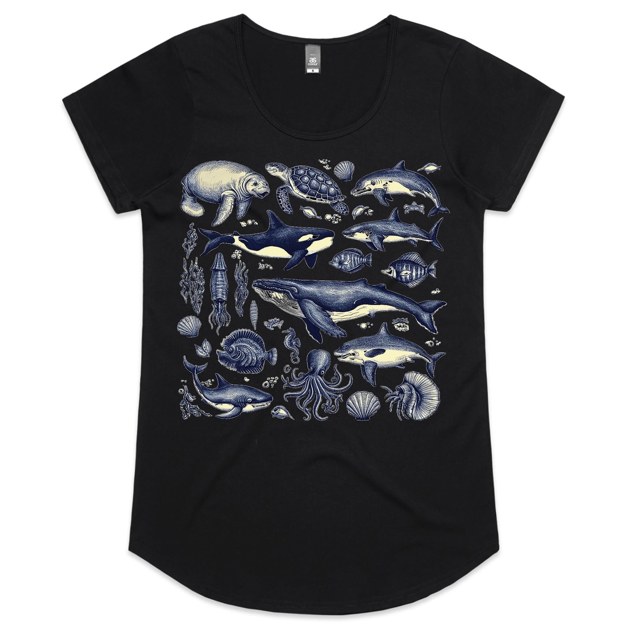 Sea Creatures - Womens Scoop Neck T-Shirt Black Womens Scoop Neck T-shirt animal Printed In Australia