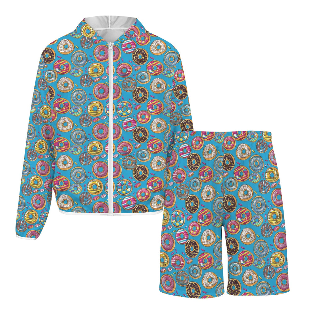 Doughnuts On Blue Men's Lightweight Sun Hoodie & Shorts Set Men's Lightweight Sun Hoodie & Shorts Food Printed Offshore