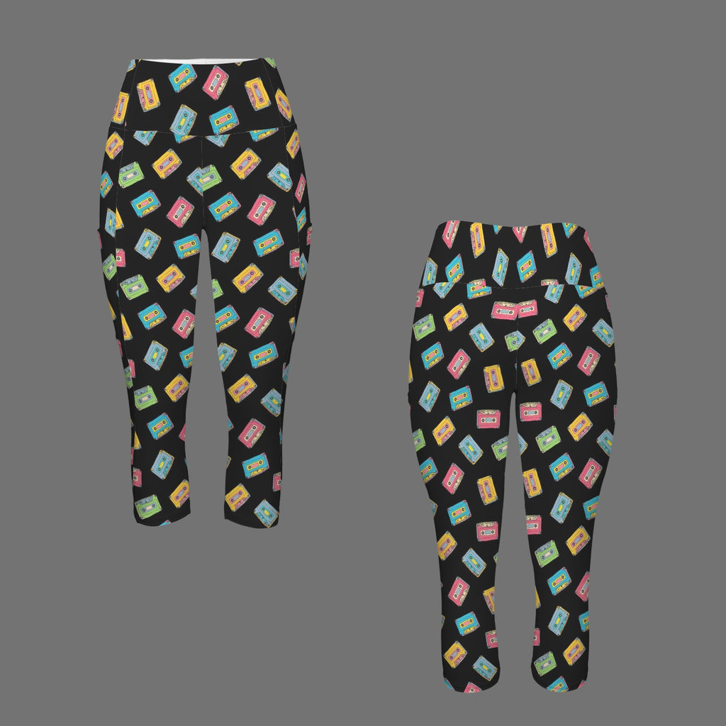 Colourful Cassettes Women's High Waist Pocket Capri Yoga Leggings Women's High Waist Capri Yoga Leggings Music Printed Offshore Retro