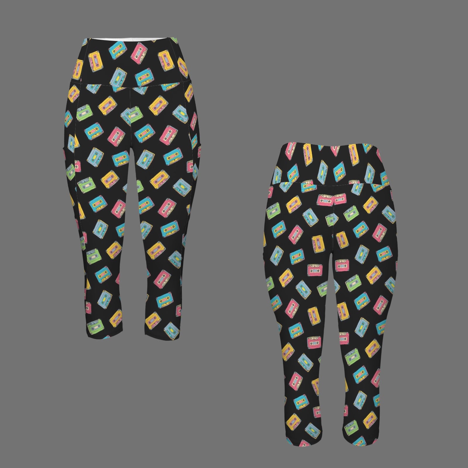 Colourful Cassettes Women's High Waist Pocket Capri Yoga Leggings Women's High Waist Capri Yoga Leggings Music Printed Offshore Retro