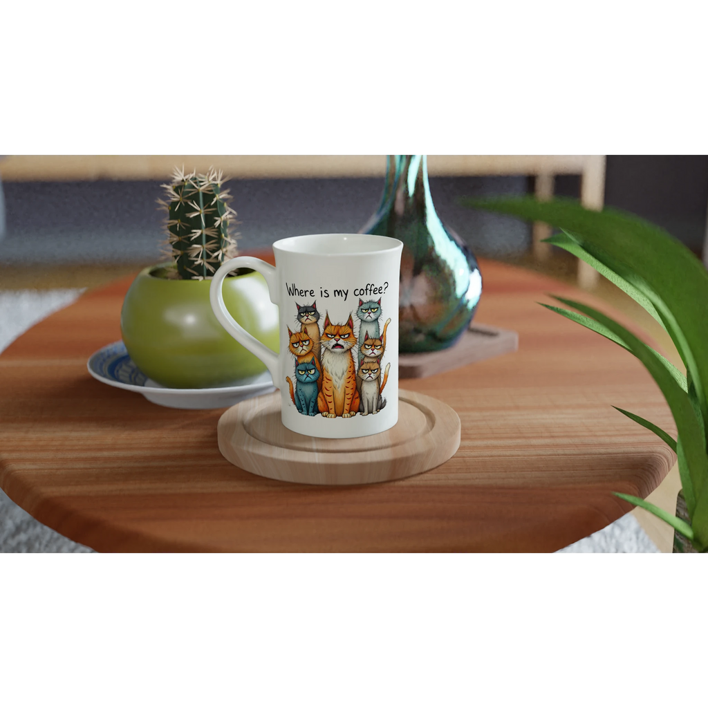 Where Is My Coffee, Cranky Cats - White 10oz Porcelain Slim Mug Porcelain Mug animal Coffee Globally Fulfilled