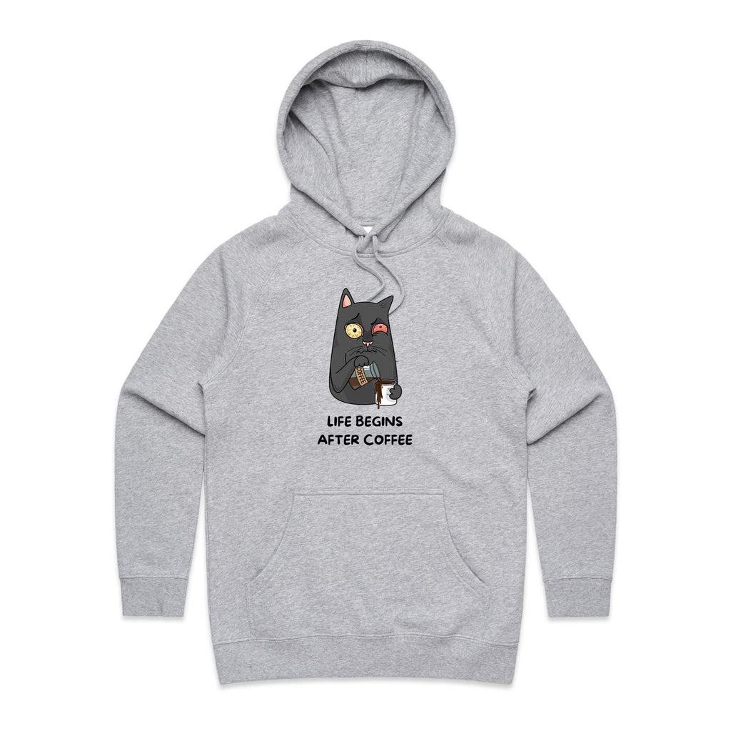 Life Begins After Coffee, Cat - Womens Hoodie Grey Marle Womens Hoodie animal Coffee Printed In Australia