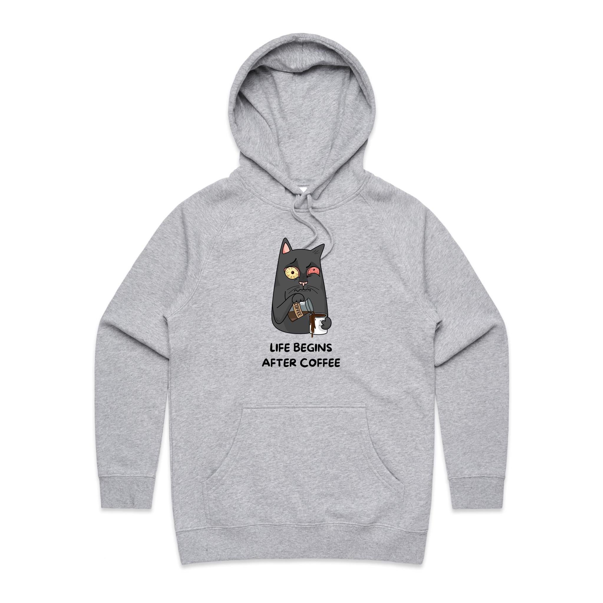 Life Begins After Coffee, Cat - Womens Hoodie Grey Marle Womens Hoodie animal Coffee Printed In Australia