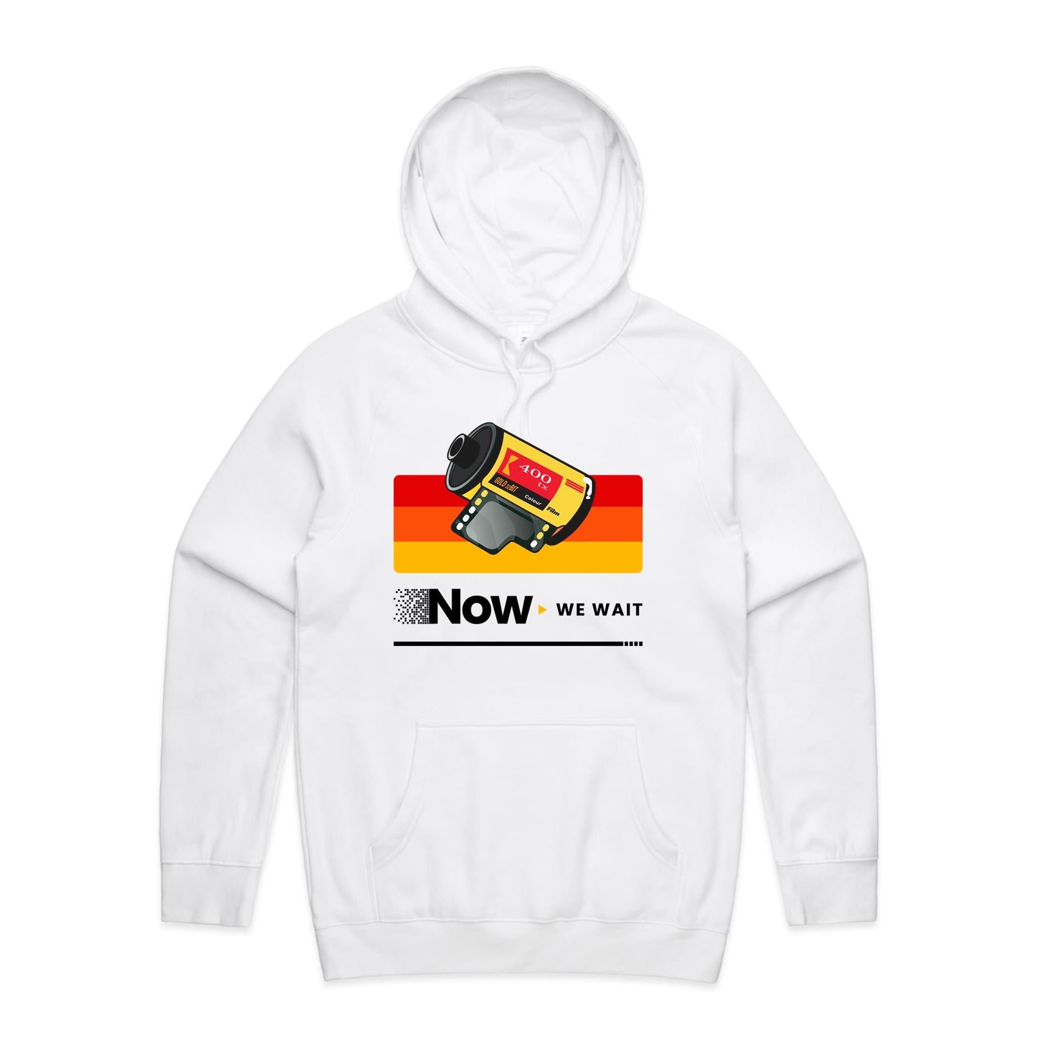 Camera Film, Now We Wait Men's AS Colour Hoodie White Mens Hoodie Printed In Australia Retro