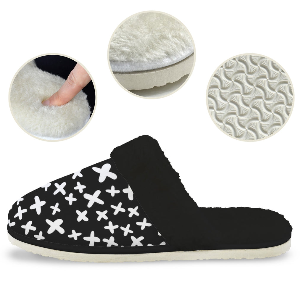 Black And White X's Men's Fur Trim Thick-Sole Indoor Slippers Men's Fur Trimmed Slippers Printed Offshore