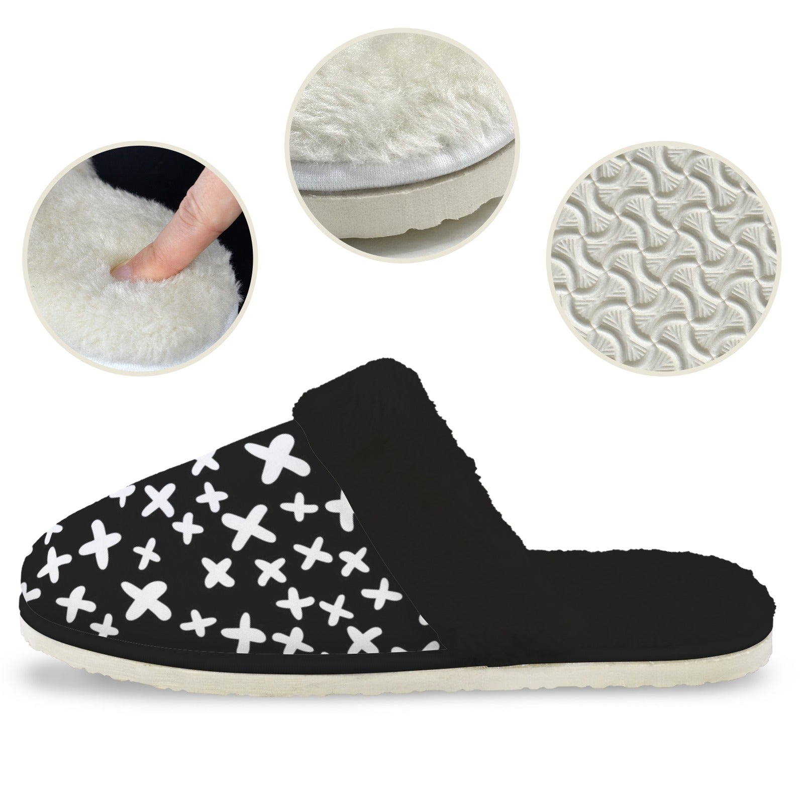 Black And White X's - Men's Fur Trim Thick-Sole Indoor Slippers Men's Fur Trimmed Slippers Printed Offshore