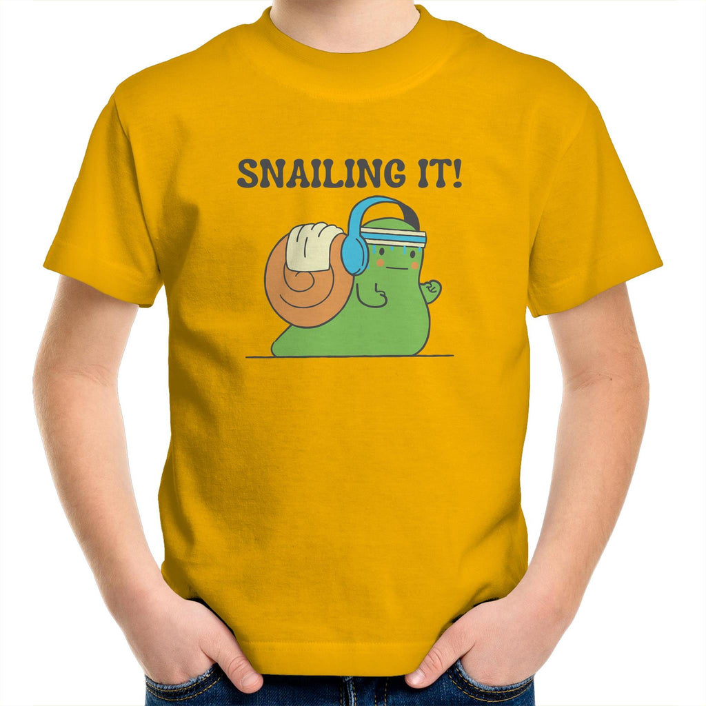 Snailing It - Kids Youth T-Shirt Gold Kids Youth T-shirt animal Fitness Printed In Australia
