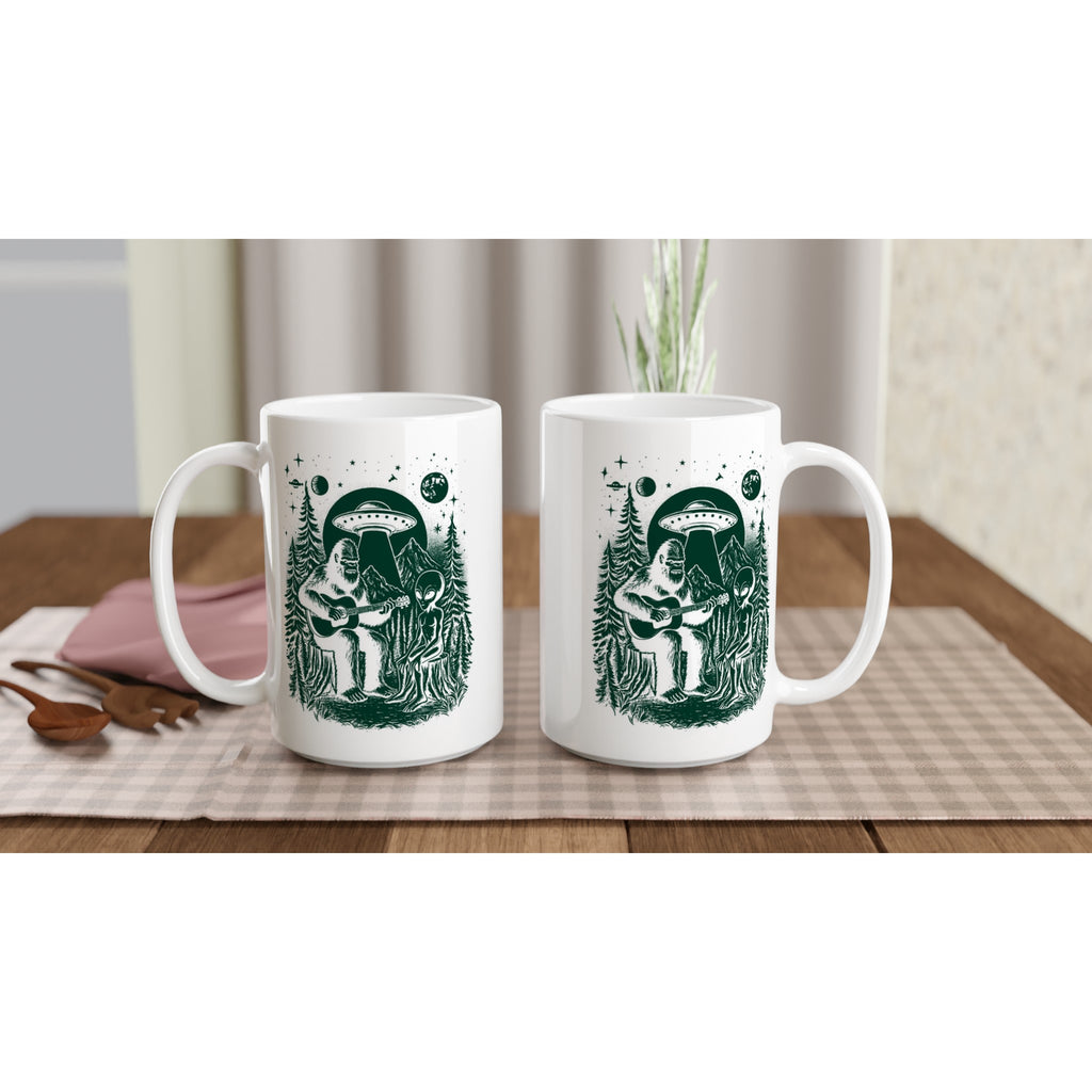 Alien And Bigfoot Play Guitar - White 15oz Ceramic Mug 15oz Mug Globally Fulfilled Music Sci Fi