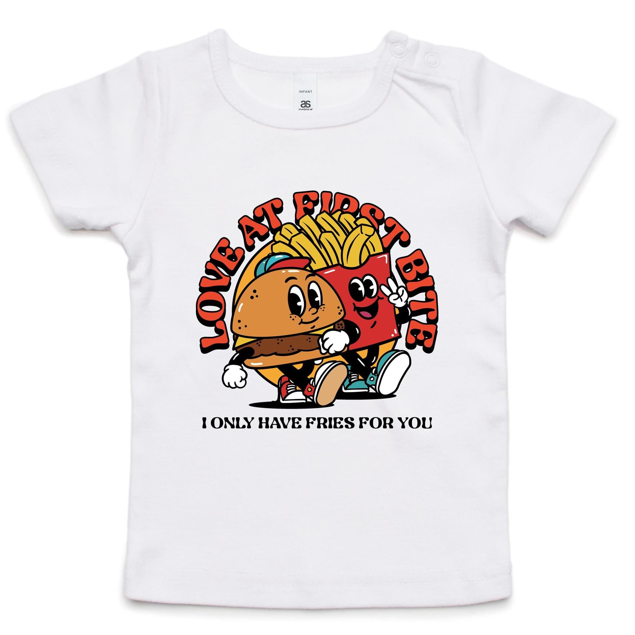 Love At First Bite, Hamburger And Fries - Baby T-shirt White Baby T-shirt Food Printed In Australia