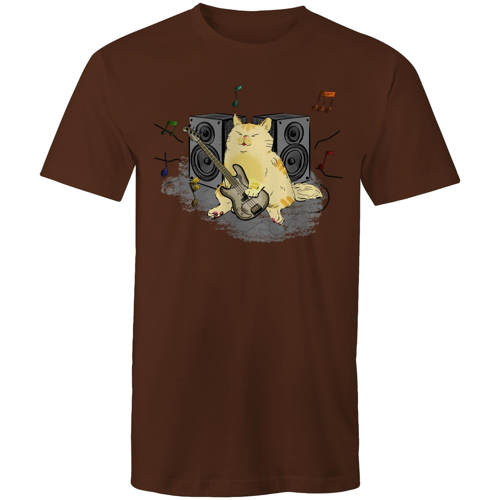 Cat Bass Player - Mens T-Shirt Dark Chocolate Mens T-shirt animal Music Printed In Australia