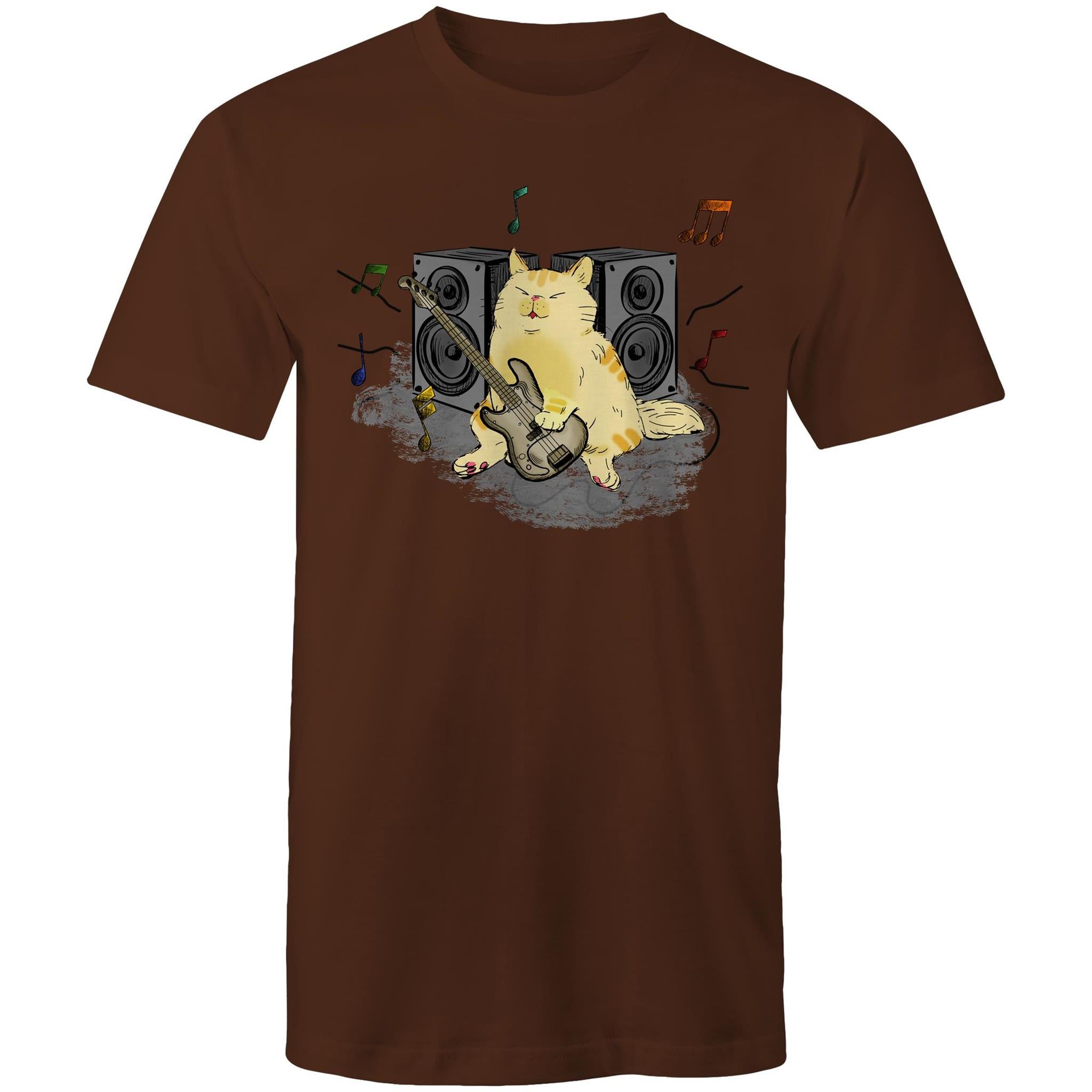 Cat Bass Player - Mens T-Shirt Dark Chocolate Mens T-shirt animal Music Printed In Australia