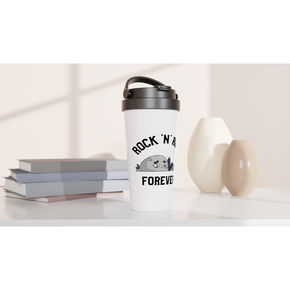 Rock 'N' Roll Forever - White 15oz Stainless Steel Travel Mug Travel Mug Globally Fulfilled Music