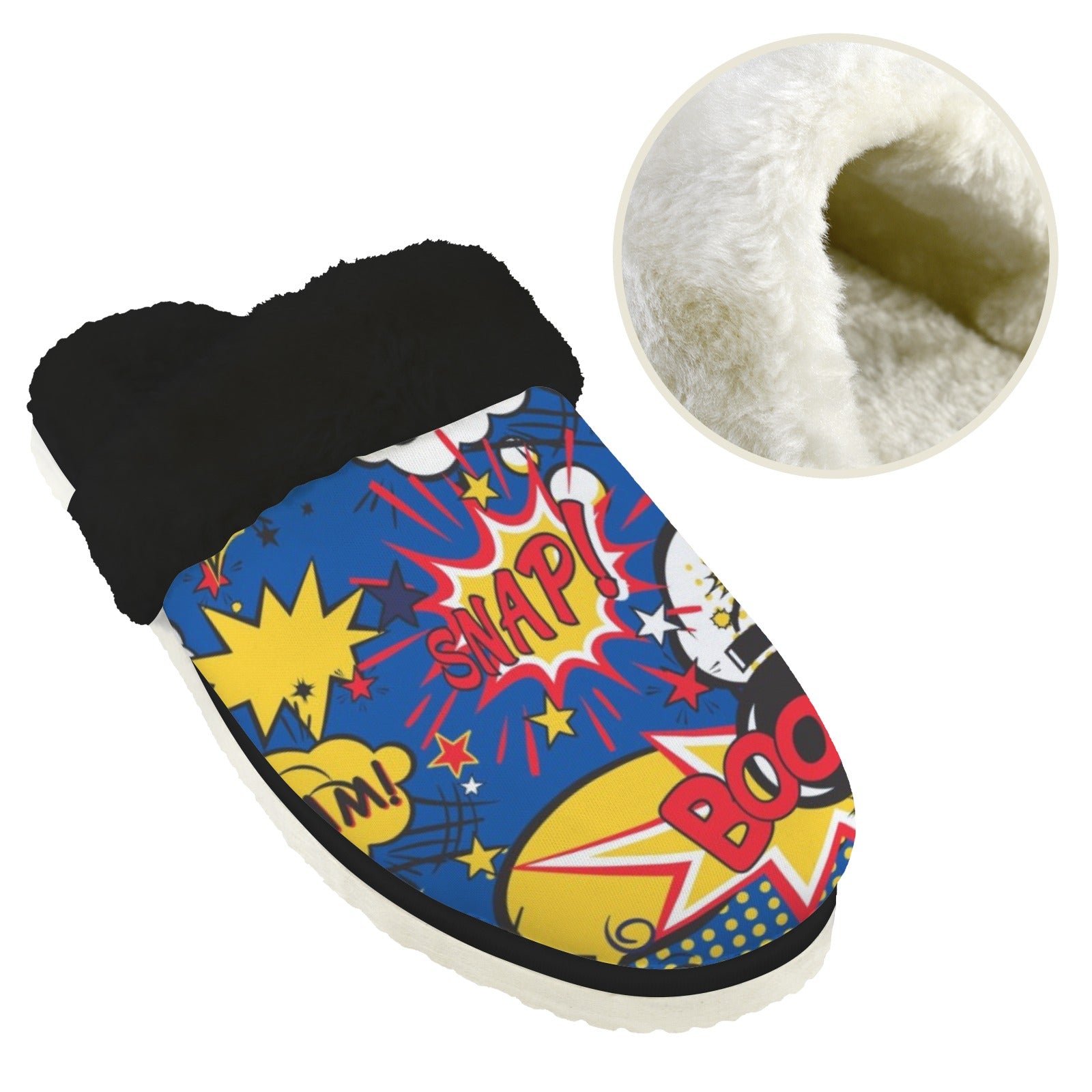 Blue Comic Book Men's Fur Trim Thick-Sole Indoor Slippers Men's Fur Trimmed Slippers comic Printed Offshore