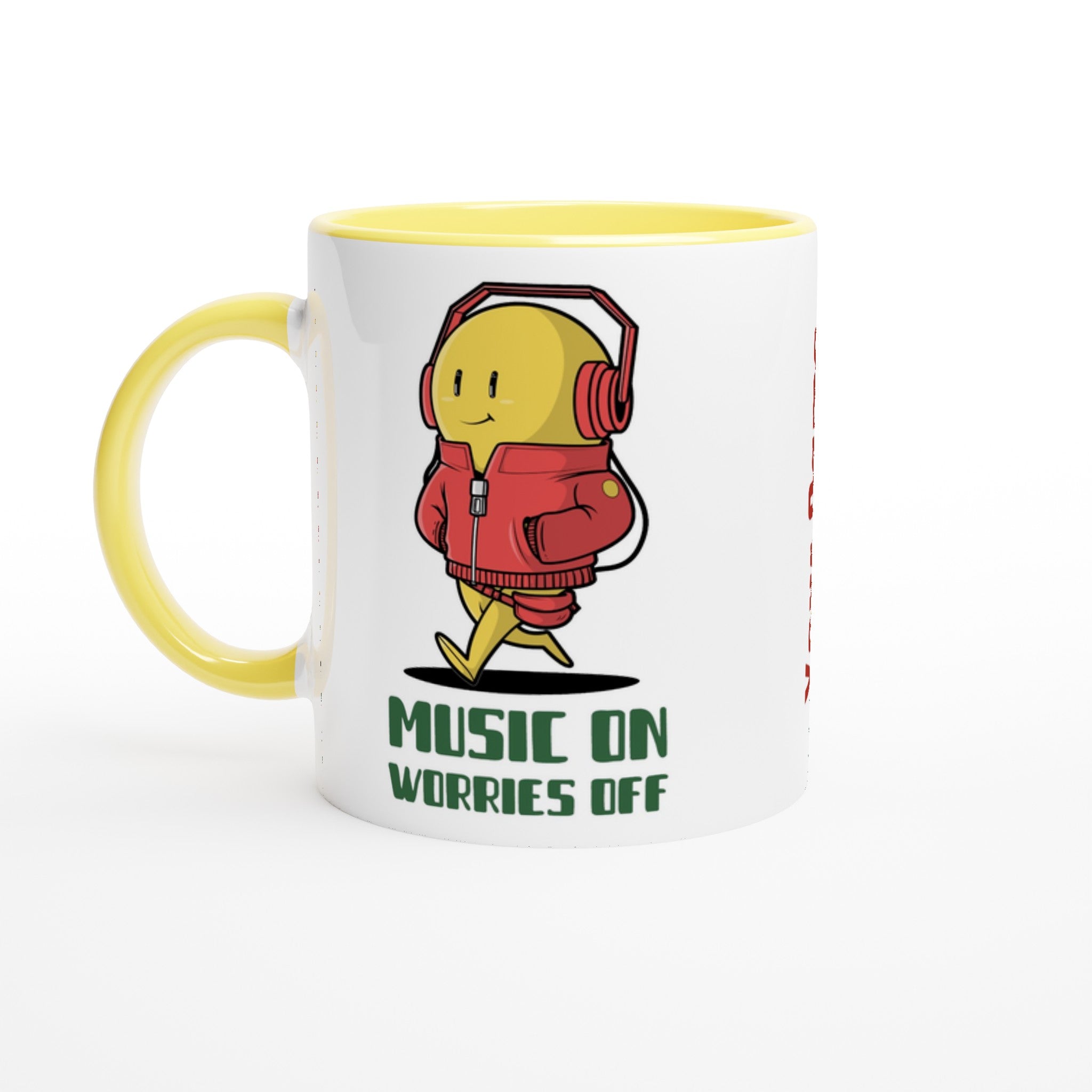 Personalised - Music On, Worries Off - White 11oz Ceramic Mug with Colour Inside Ceramic Yellow Personalised 11oz Mug customise Globally Fulfilled Music personalise